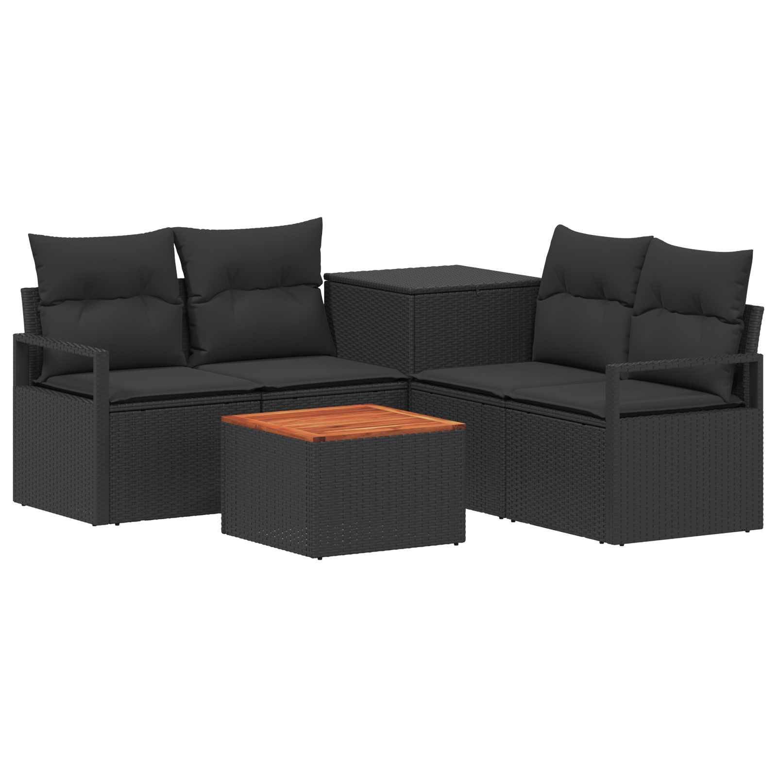 Schwarzes Korbgeflecht-Außensektionalsofa-Set mit zwei Liebesitzen, Eckentisch und kleinem Couchtisch mit Holzoberfläche auf weißem Hintergrund