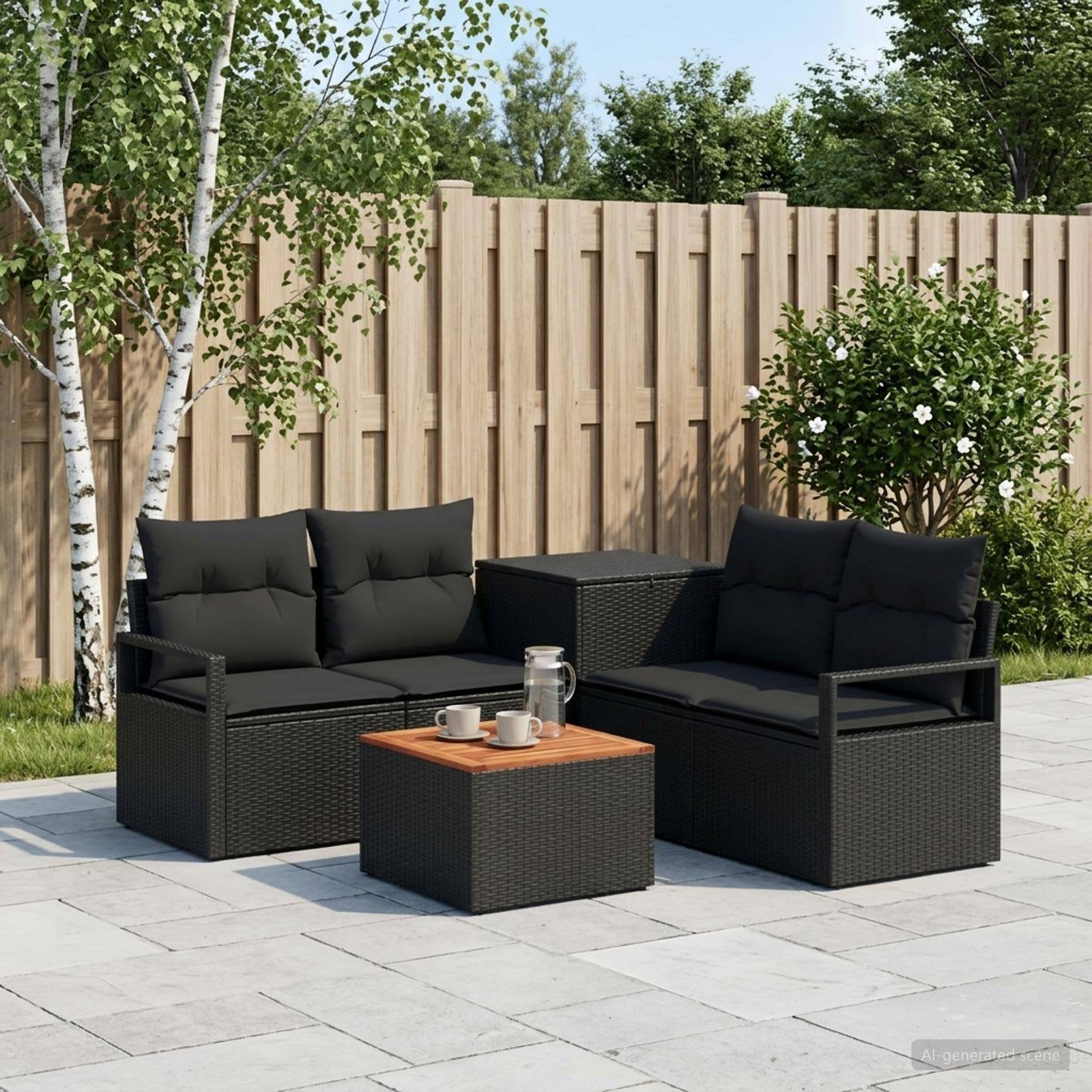 Gartenbereich mit Sitzmöbeln, bestehend aus zwei schwarzen Rattankautschuksofas, einem kleinen Couchtisch mit Tassen und einem Holzzaun sowie Bäumen im Hintergrund.