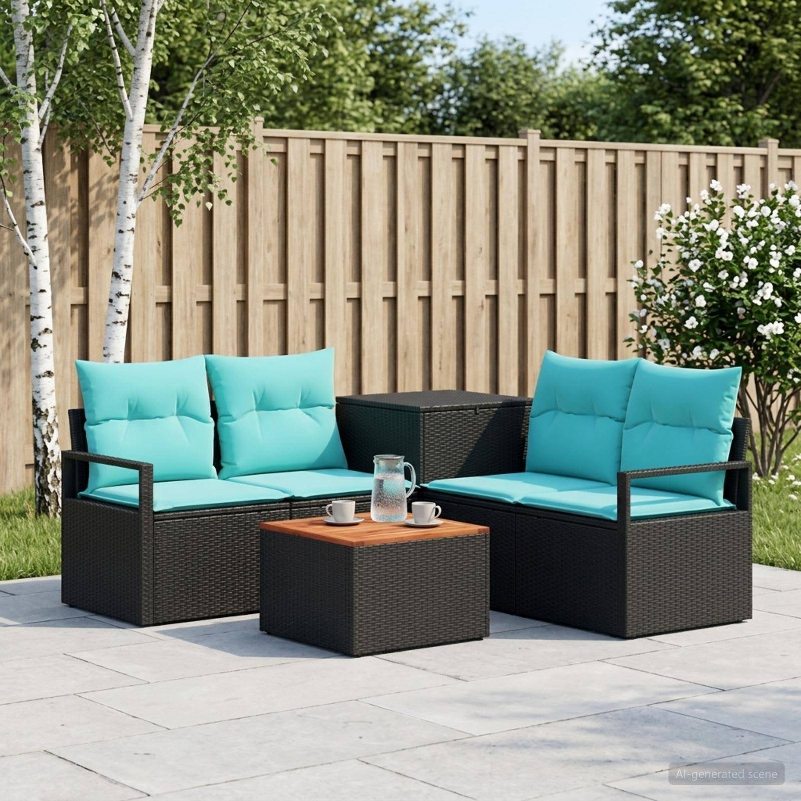 Outdoor-Terrassenmöbel-Set mit zwei schwarzen Korbgeflecht-Loveseat-Stühlen, türkisfarbenen Kissen und einem passenden Couchtisch mit Getränken auf einer gepflasterten Hof-Terrasse.