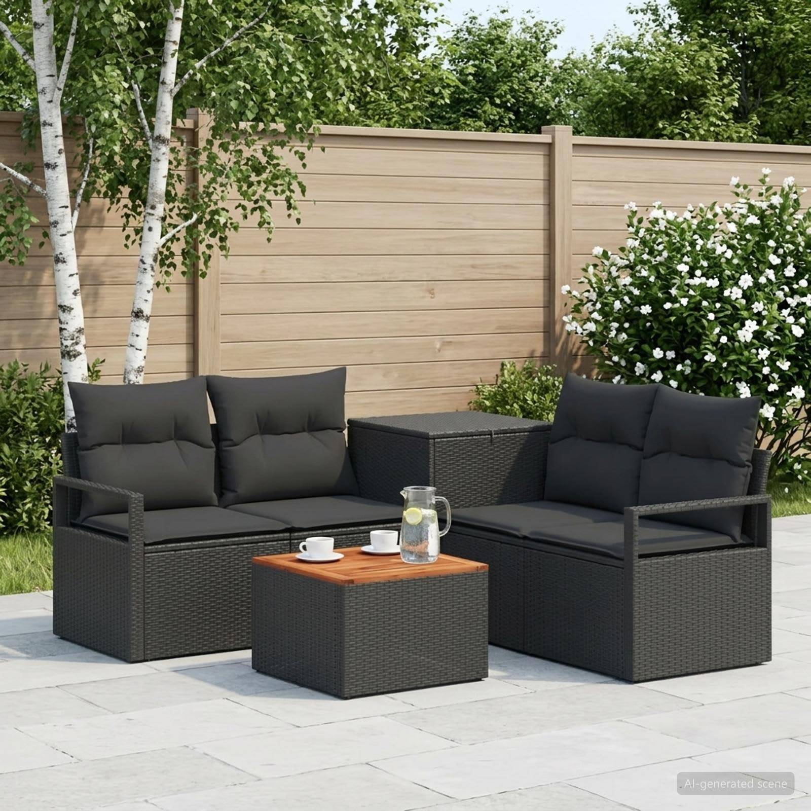 Outdoor-Terrassenmöbelset mit zwei schwarzen Rattansofas, passendem Couchtisch mit Tablett und Getränken, vor einem Holzzaun und Gartenpflanzen.