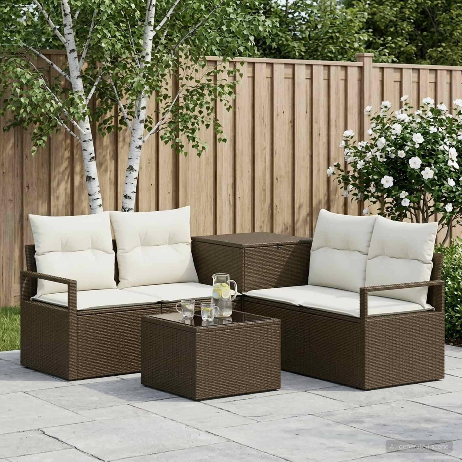 Outdoor-Terrassensitzgruppe mit zwei Korbsesseln, einem passenden Tisch und weißen Kissen vor einem Holzzaun und Bäumen.