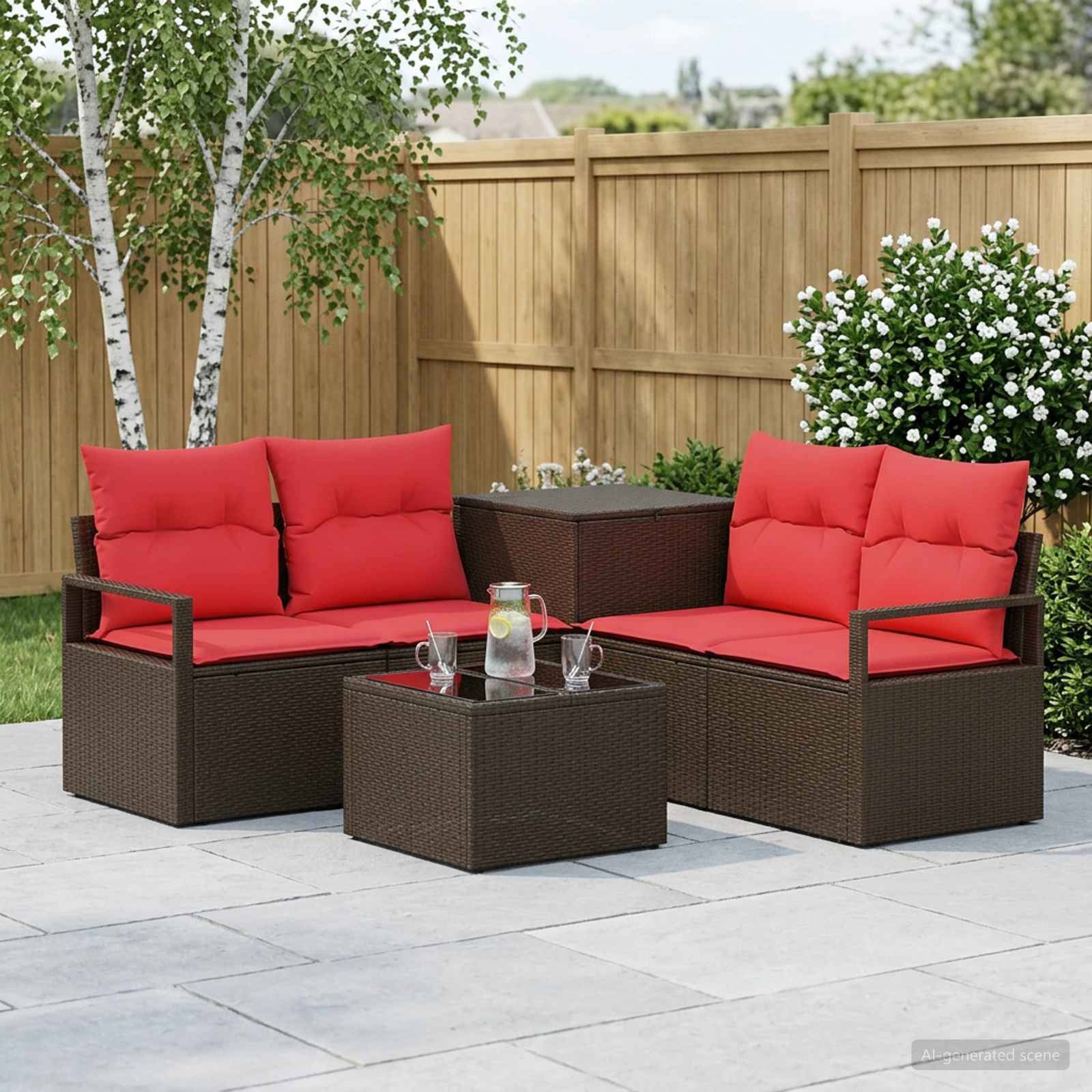 Gartenmöbel-Set für die Terrasse mit braunem Polyrattan-Zweisitzer-Sofa, Stühlen und Tisch, jeweils mit leuchtend roten Kissen, auf einer gepflasterten Terrasse im Hinterhof in der Nähe eines Holzzauns und Blumen.
