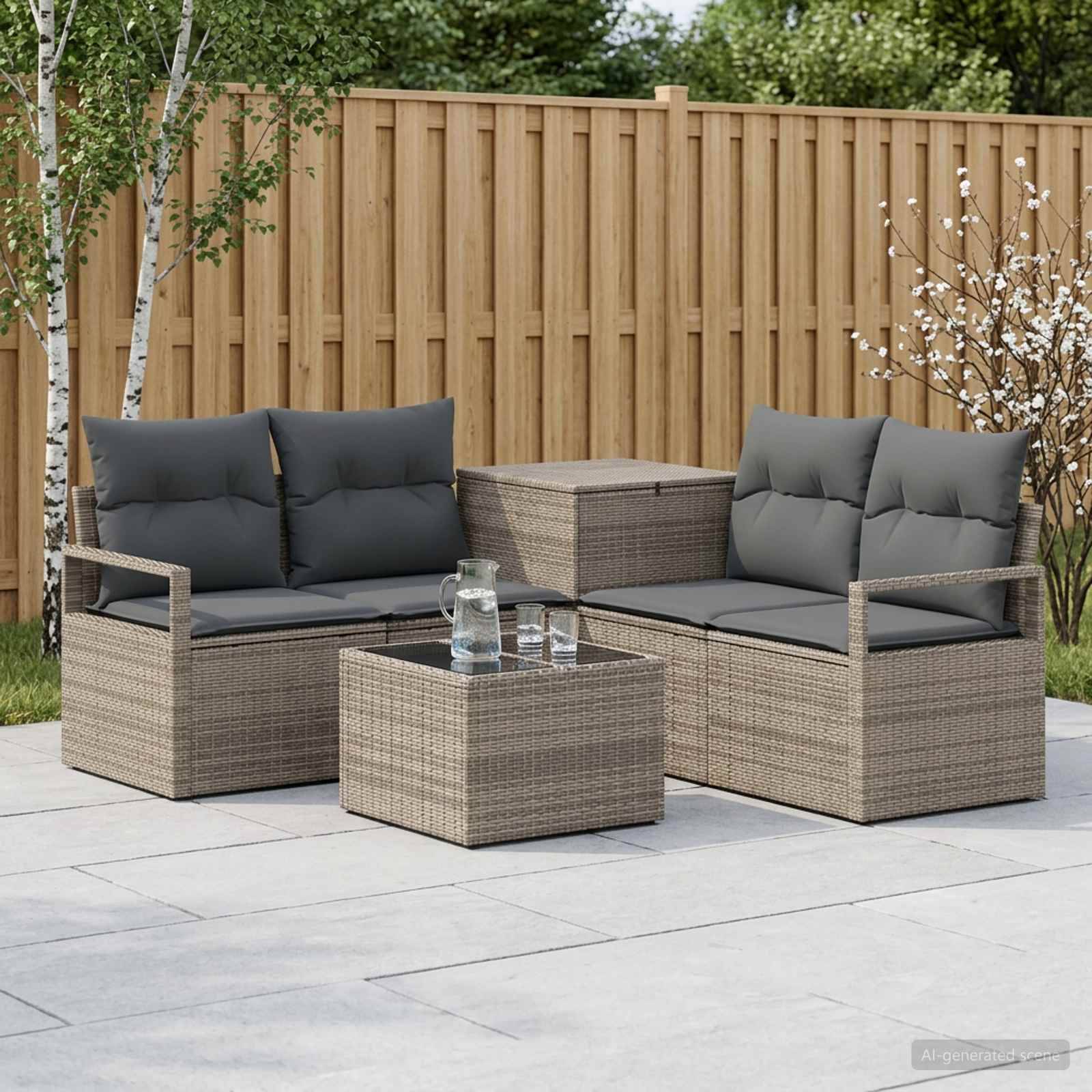 Gartenmöbel-Set für die Terrasse mit zwei gepolsterten Korbliebessitzen, passendem Couchtisch und Beistelltisch in einem eingezäunten Hinterhof.
