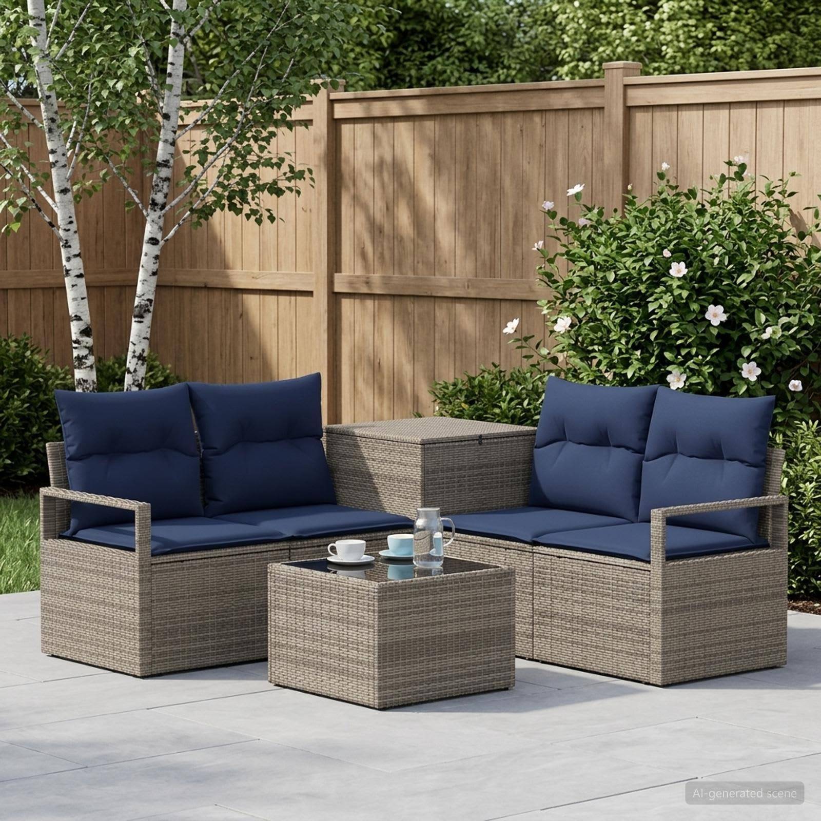 Gartenmöbel-Set im Freien mit zwei blaugepolsterten Korbsofas, einem passenden Tisch und Couchtisch auf einer Steinterrasse neben einem Holzzaun und Sträuchern.