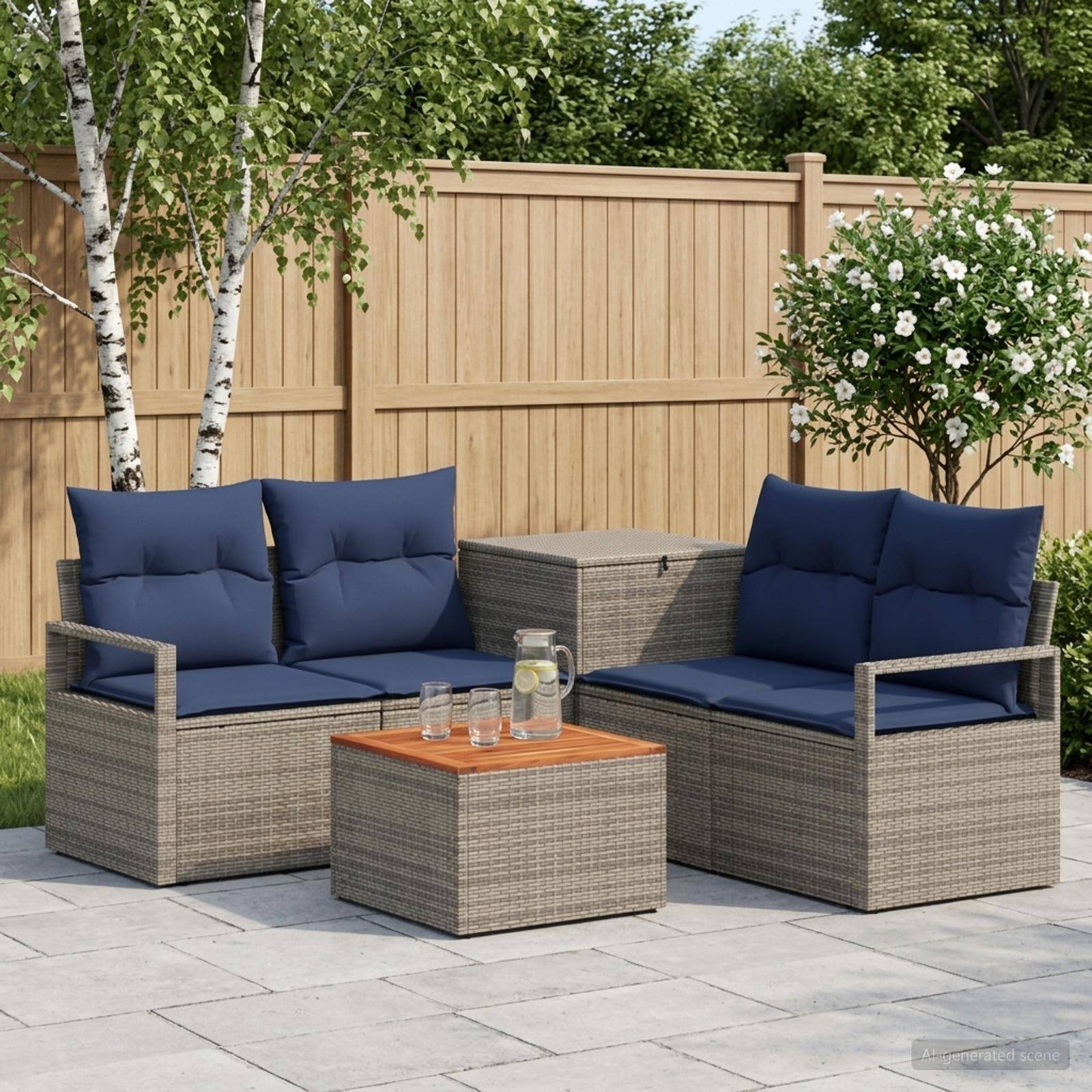 Gartenterrassenmöbelset mit zwei grauen Rattansofas, blauen Kissen und passenden Kaffee- und Beistelltischen auf einer Steinterrasse