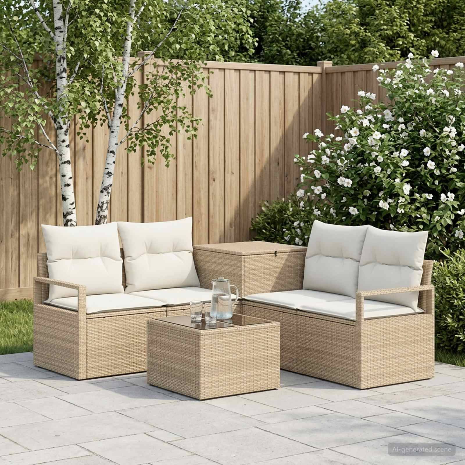 Zwei Korbgartensessel mit cremefarbenen Kissen und ein passendes Couchtisch auf einer Terrasse, in einem Garten neben einem Holzzaun und Birkenbäumen aufgestellt.