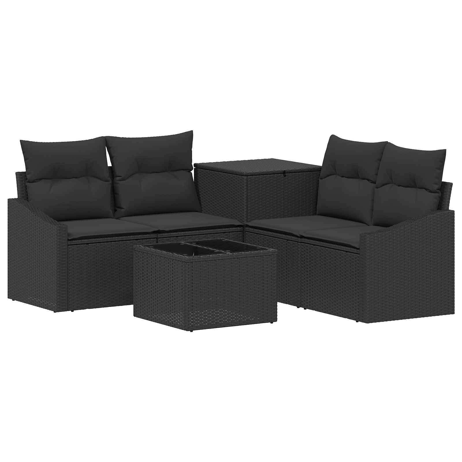 Schwarzes Outdoor-Rattan-Gartenmöbel-Set mit zwei Zweisitzern, einem Ecktisch und einem quadratischen Couchtisch mit Kissen