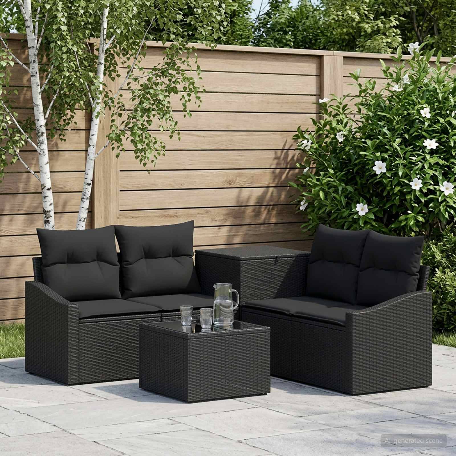 Außenterrasse mit schwarzem Rattan-Loveseat, Stuhl und Couchtisch auf Steinplatten neben einem Holzzaun und Grünflächen.