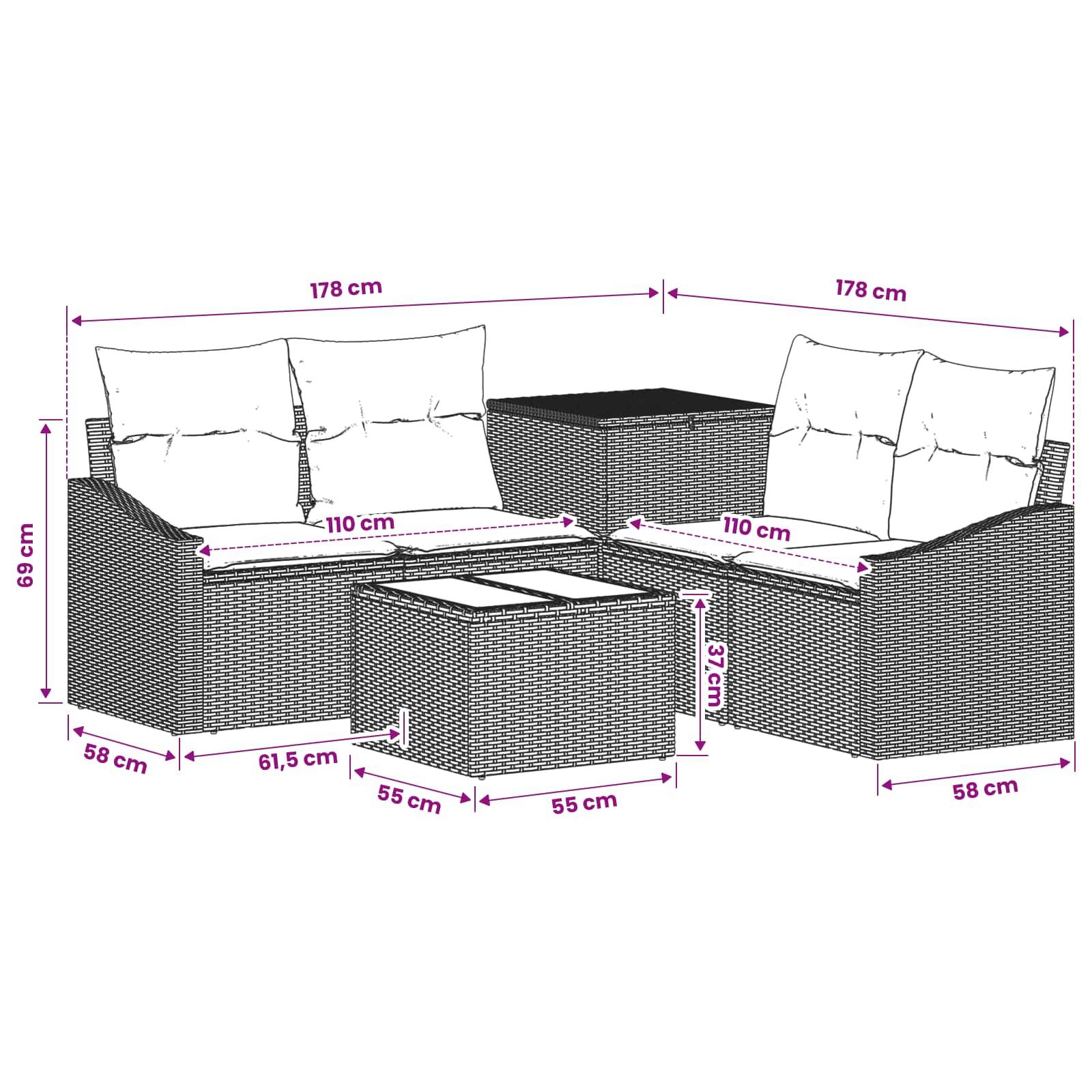 Diagramm eines Rattan-Patio-Ecksofa-Sets mit zwei Ecksofa-Elementen und passendem Tisch, gekennzeichnet mit Abmessungen: 178 cm breite Abschnitte, 110 cm Sitze, 69 cm Höhe, 58 cm Tiefe.