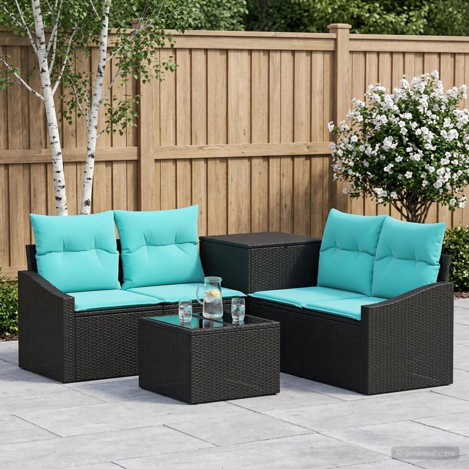 Gartenset für die Terrasse mit zwei schwarzen Rattanstühlen, passendem Tisch und türkisfarbenen Kissen auf einer gepflasterten Terrasse.