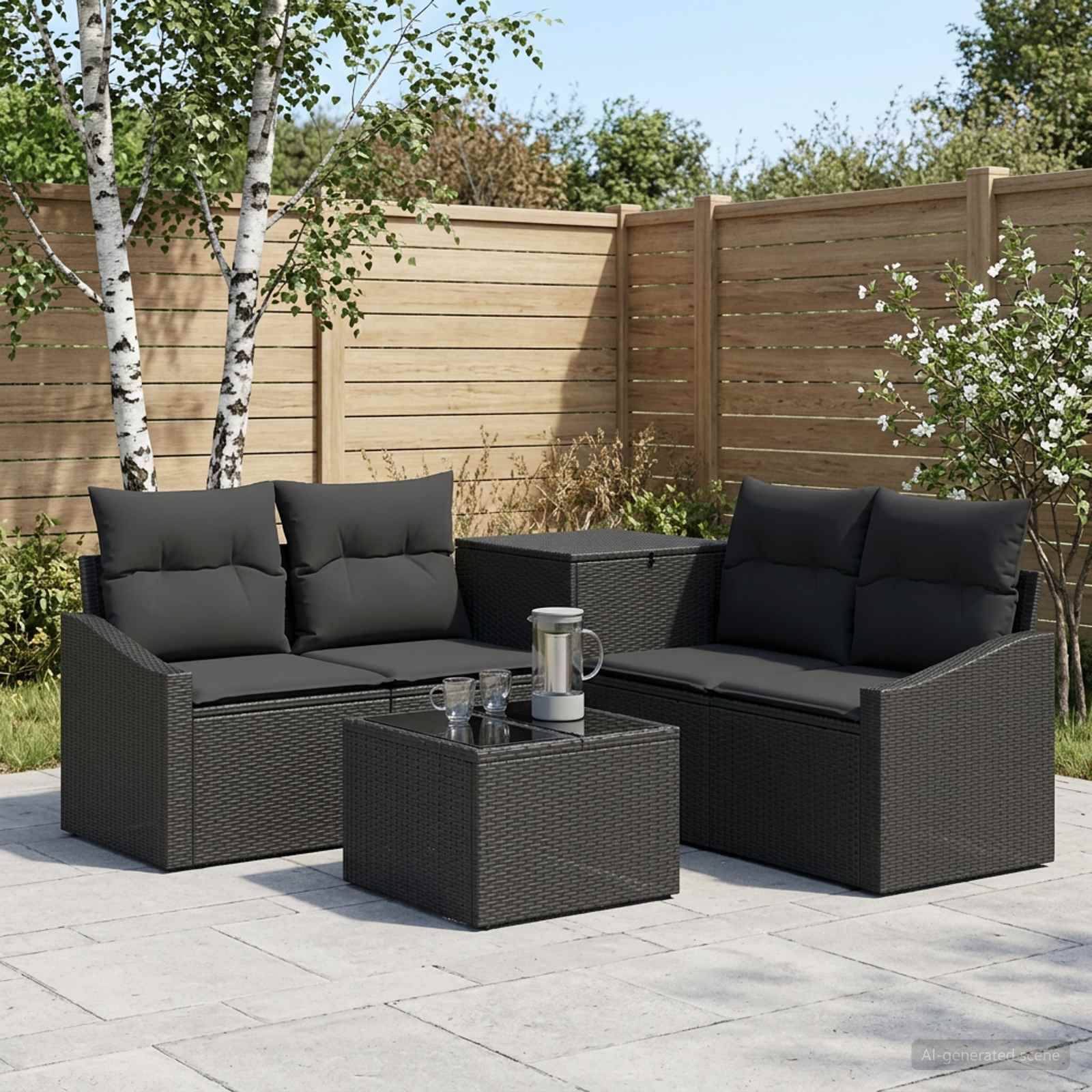 Outdoor-Sitzmöbel-Set mit zwei schwarzen Rattankofas, Glascouchtisch und Beistelltisch in einem eingezäunten Garten.