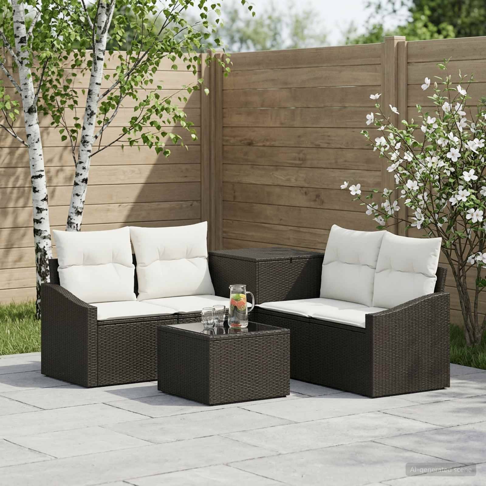 Gartenpaletten-Sitzgarnitur mit dunkelm Rattan-Loveseat, zwei Stühlen und Couchtisch mit Kissen, angeordnet auf einer Steinterrasse neben einem Holzzaun und blühenden Bäumen.