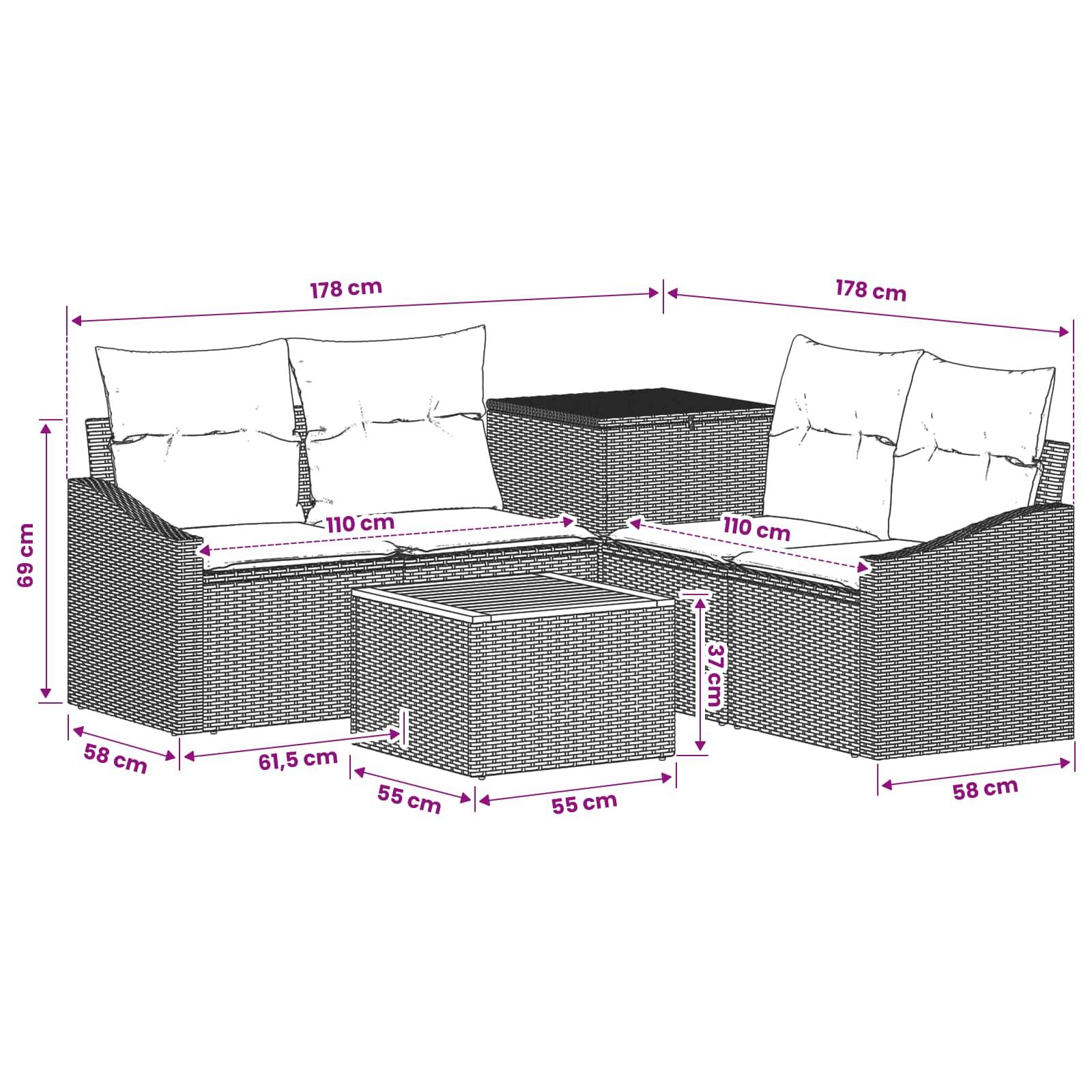 Diagramm eines Outdoor-Rattan-Ecksofa-Sets mit Couchtisch, mit Abmessungen: jedes Element 178 cm breit, Sitzhöhe 110 cm, Höhe 69 cm, Tisch 55 x 55 x 37 cm.