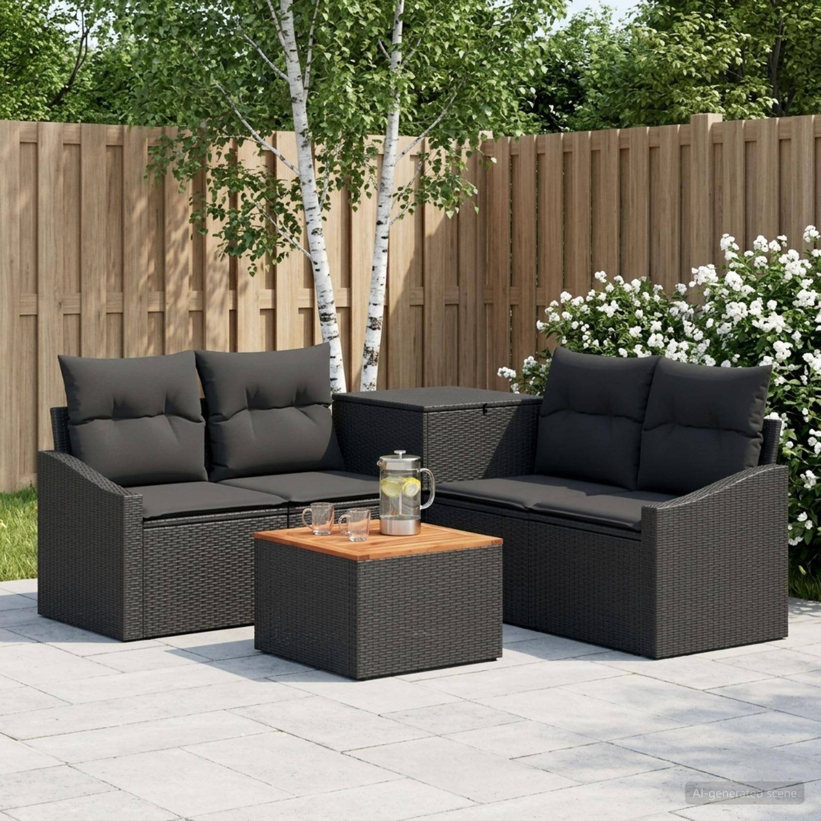 Outdoor-Sitzgarnitur auf der Terrasse mit zwei schwarzen Rattansofa, einem passenden Tisch und Getränken auf einer gefliesten Terrasse neben einem Holzzaun und Blumen.