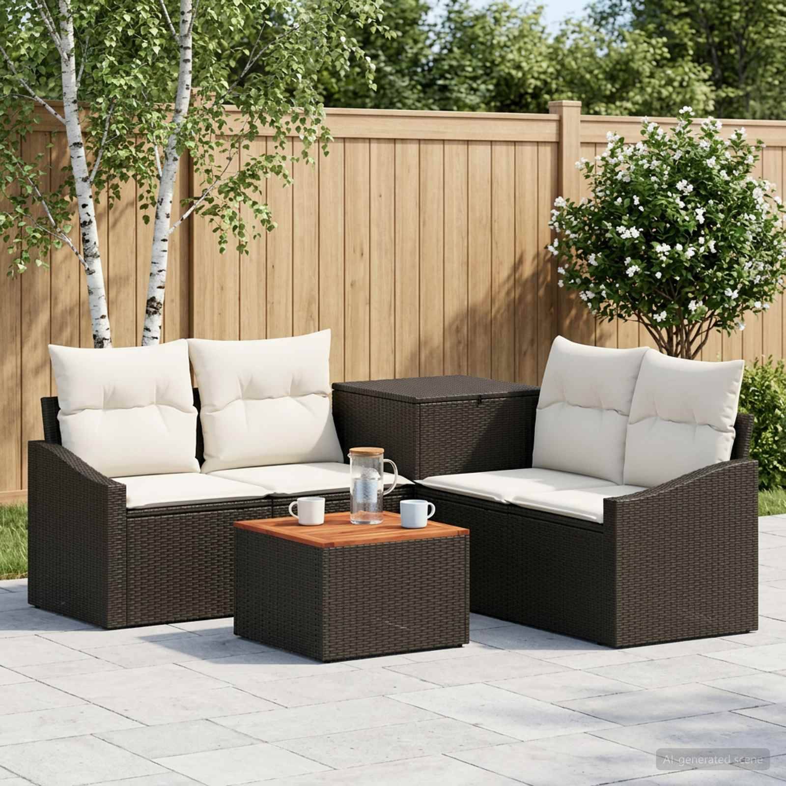 Outdoor-Terrassensitzgruppe mit zwei dunklen Korbliebessitzen, cremefarbenen Kissen, einem quadratischen Couchtisch und Kübelbäumen neben einem Holzzaun.