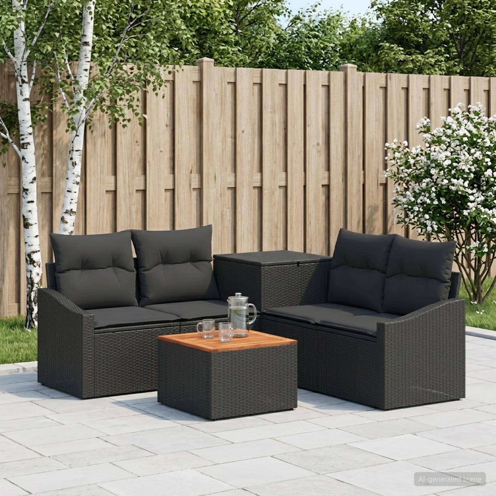 Außenbereich-Sitzmöbelset mit zwei schwarzen Rattan-Zweisitzern, einem passenden Tisch und einem Couchtisch auf einer gekachelten Terrasse neben einem Holzzaun und Birken.