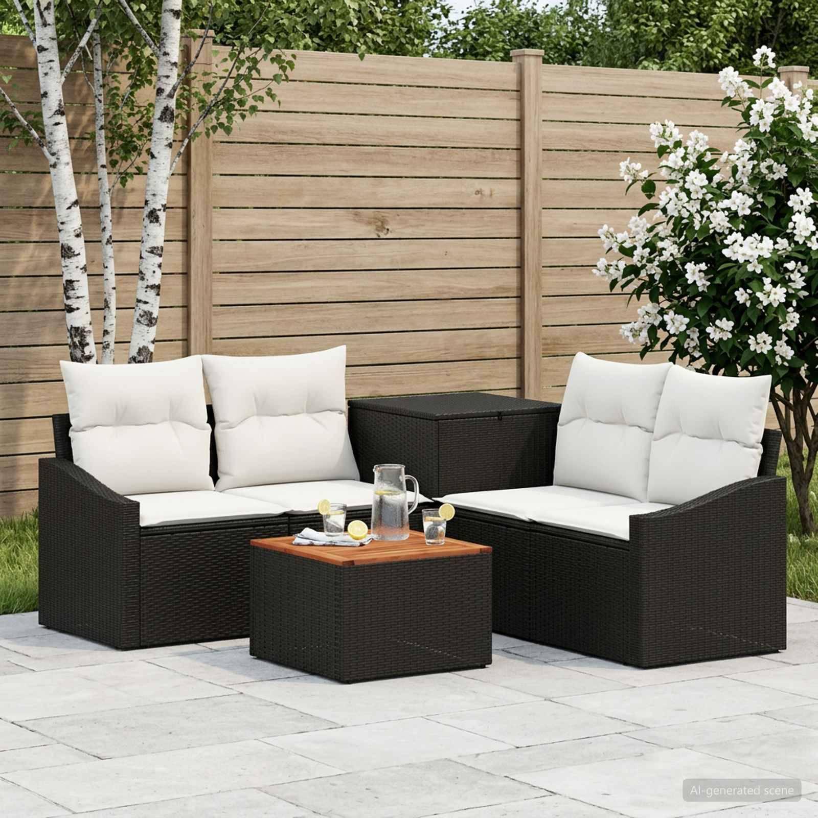 Gartenmöbel-Set mit zwei schwarzen Rattan-Zweisitzern, weißen Kissen und einem kleinen passenden Couchtisch in einem Garten.