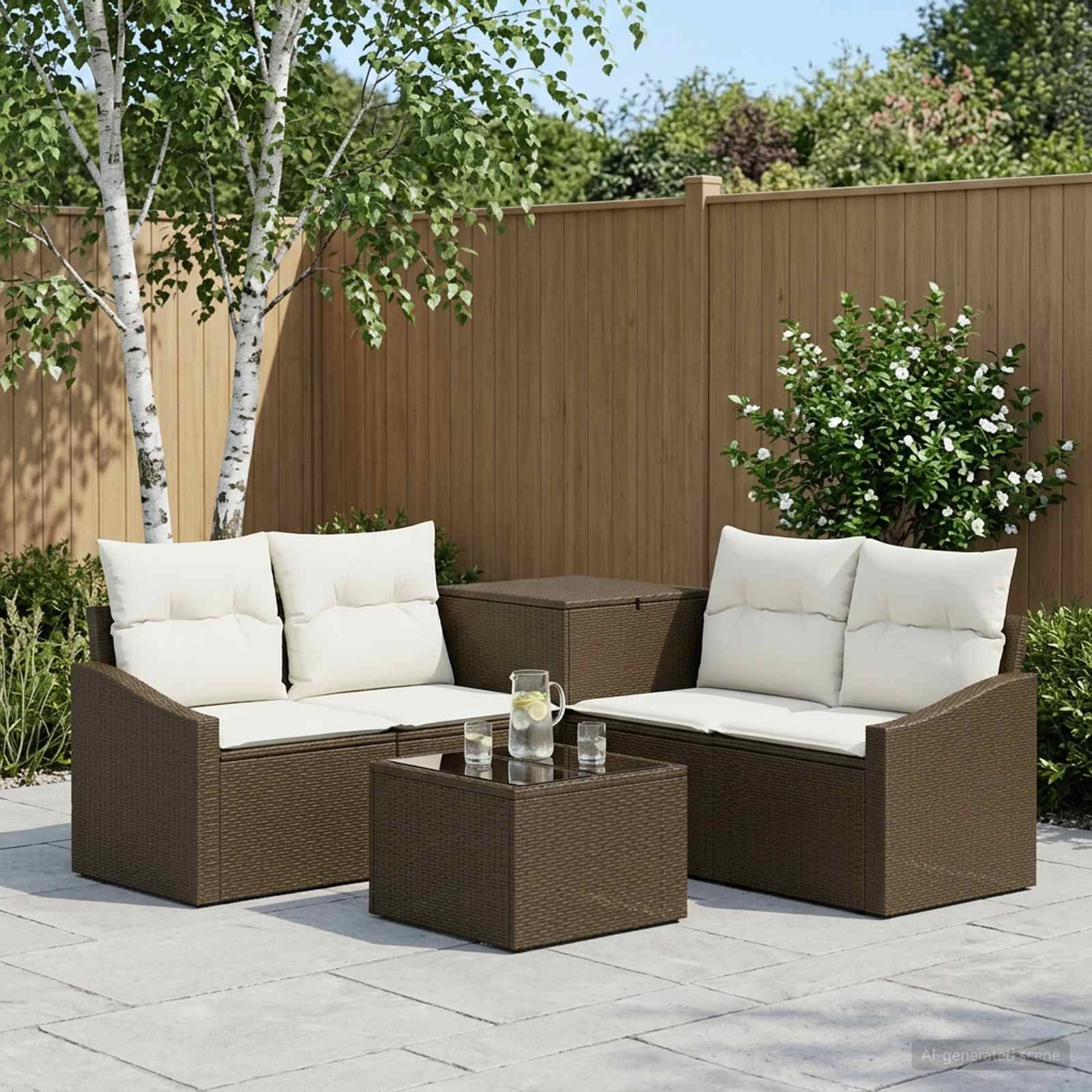 Zwei braune Rattangarnituren mit weißen Kissen um einen quadratischen Couchtisch auf einer Terrasse, mit einem Holzzaun und Bäumen im Hintergrund.