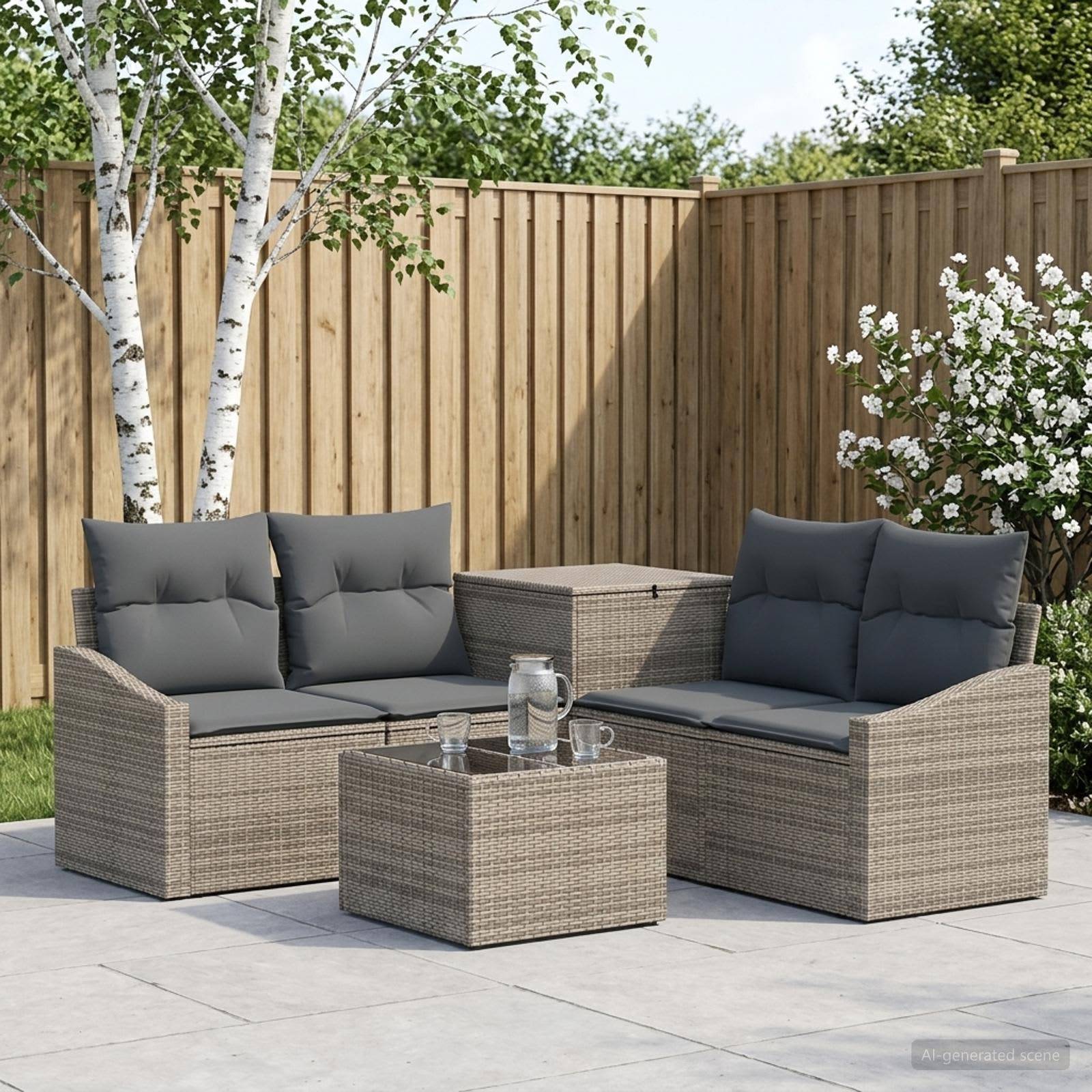 Outdoor-Terrassenmöbelset mit zwei grauen Rattanliebessitzen, passenden Ottomanen und Couchtisch, angeordnet auf einer gepflasterten Terrasse neben einem Holzzaun und blühenden Sträuchern.