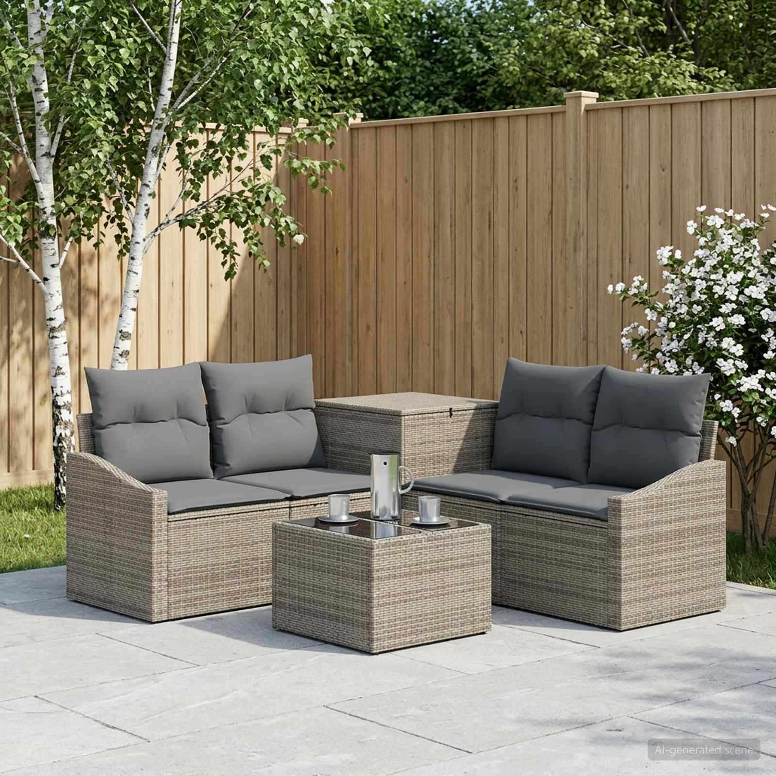 Gartenmöbel-Set für die Terrasse mit zwei Korbgeflecht-Loveseats, Ecktisch und Couchtisch auf einer Steinterrasse neben einem Holzzaun und blühenden Sträuchern.