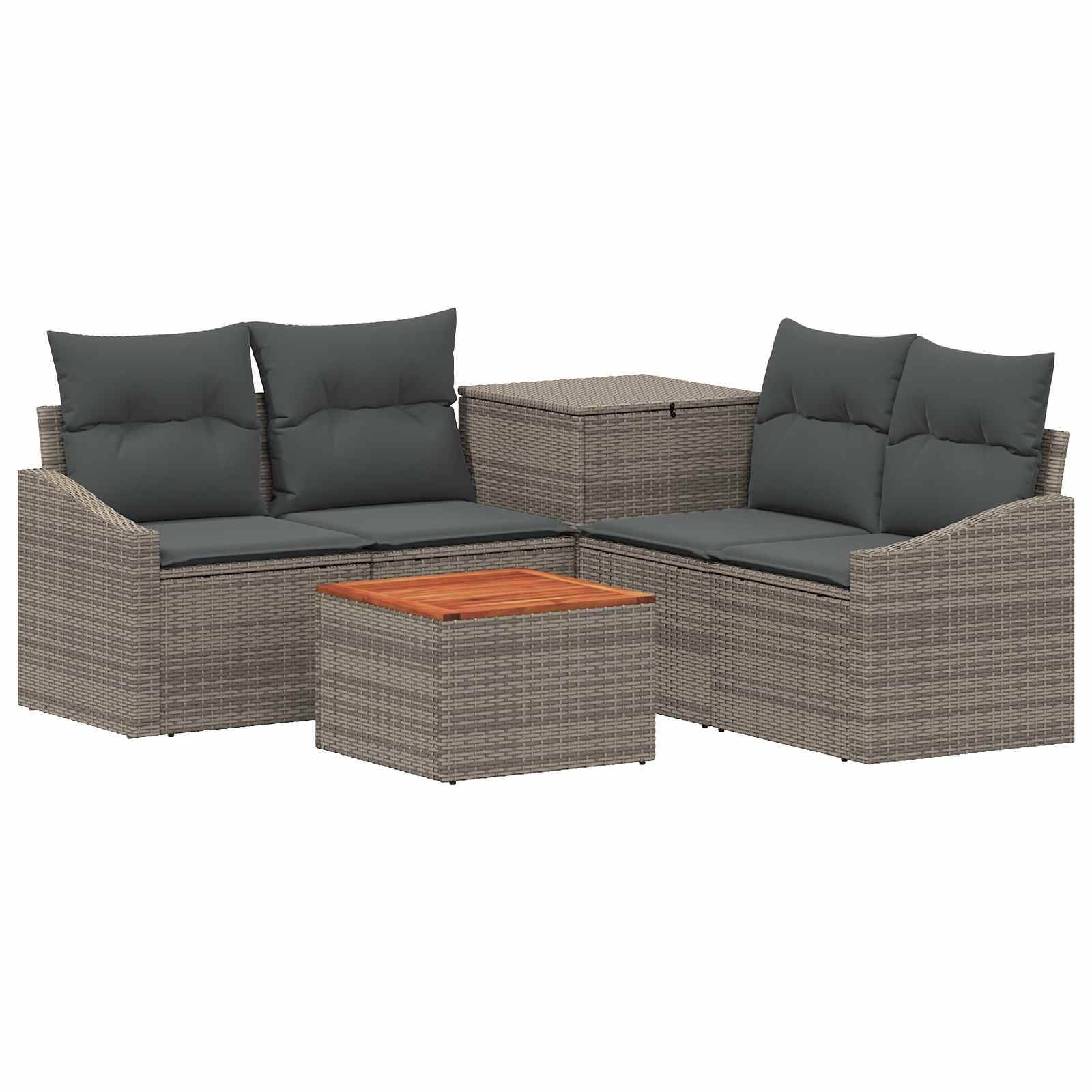 Outdoor-Rattan-Terrassensitzgruppe mit zwei gepolsterten Zweier-Sofas, einem Stauraum-Tisch und einem kleinen Couchtisch mit Holzplatte.