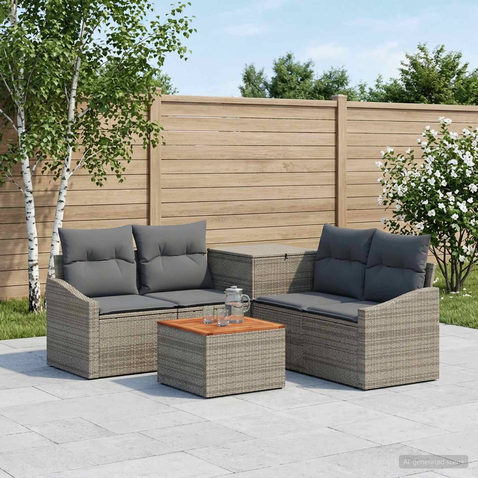 Outdoor-Terrassenmöbel-Set mit zwei grauen Rattansofas, einem passenden quadratischen Couchtisch und dunklen Kissen vor einem Holzzaun und Gartenkulisse.