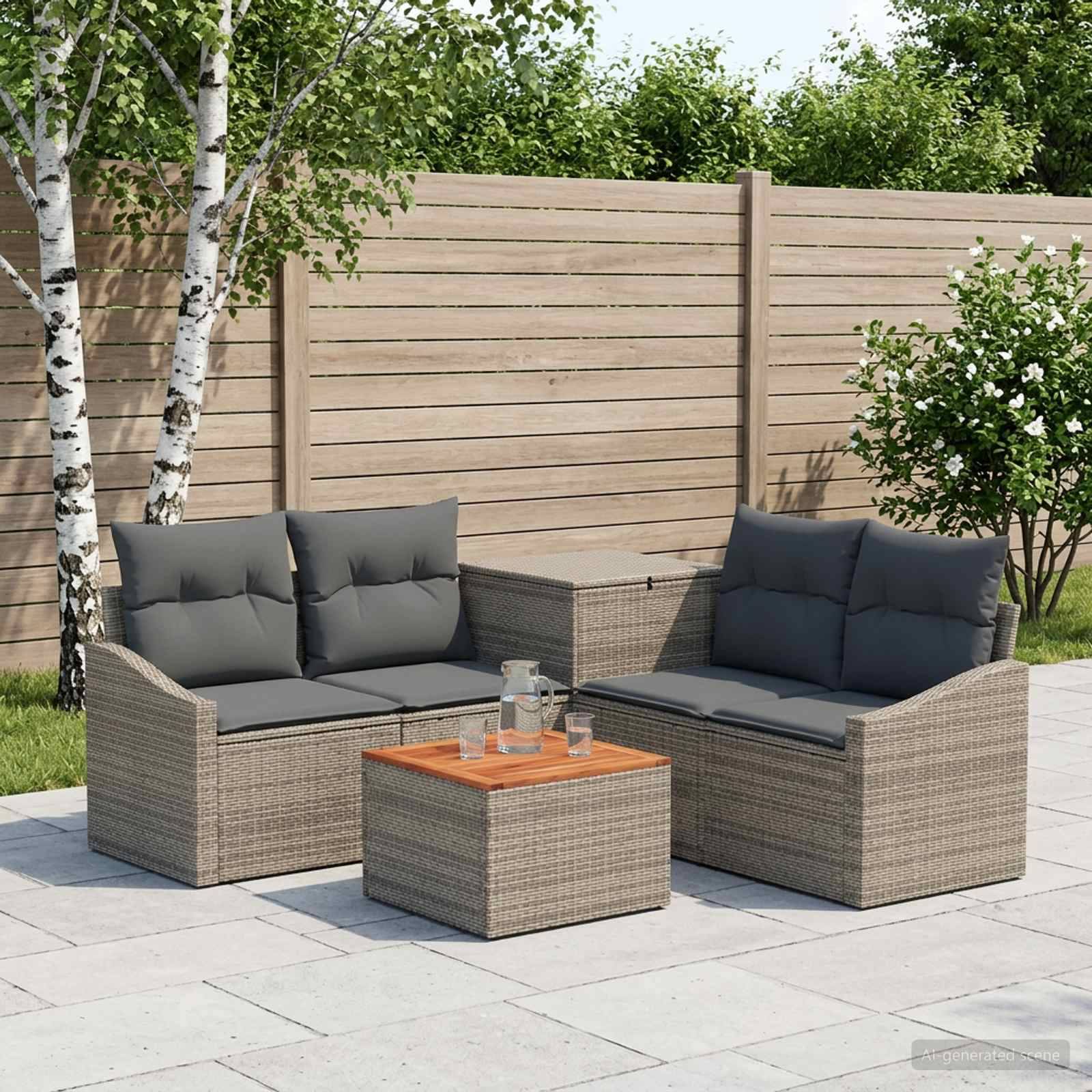 Gartenlounge-Set mit zwei grauen Polster-Rattansofa und passendem Couchtisch auf einer gepflasterten Terrasse neben einem Holzzaun und Bäumen.
