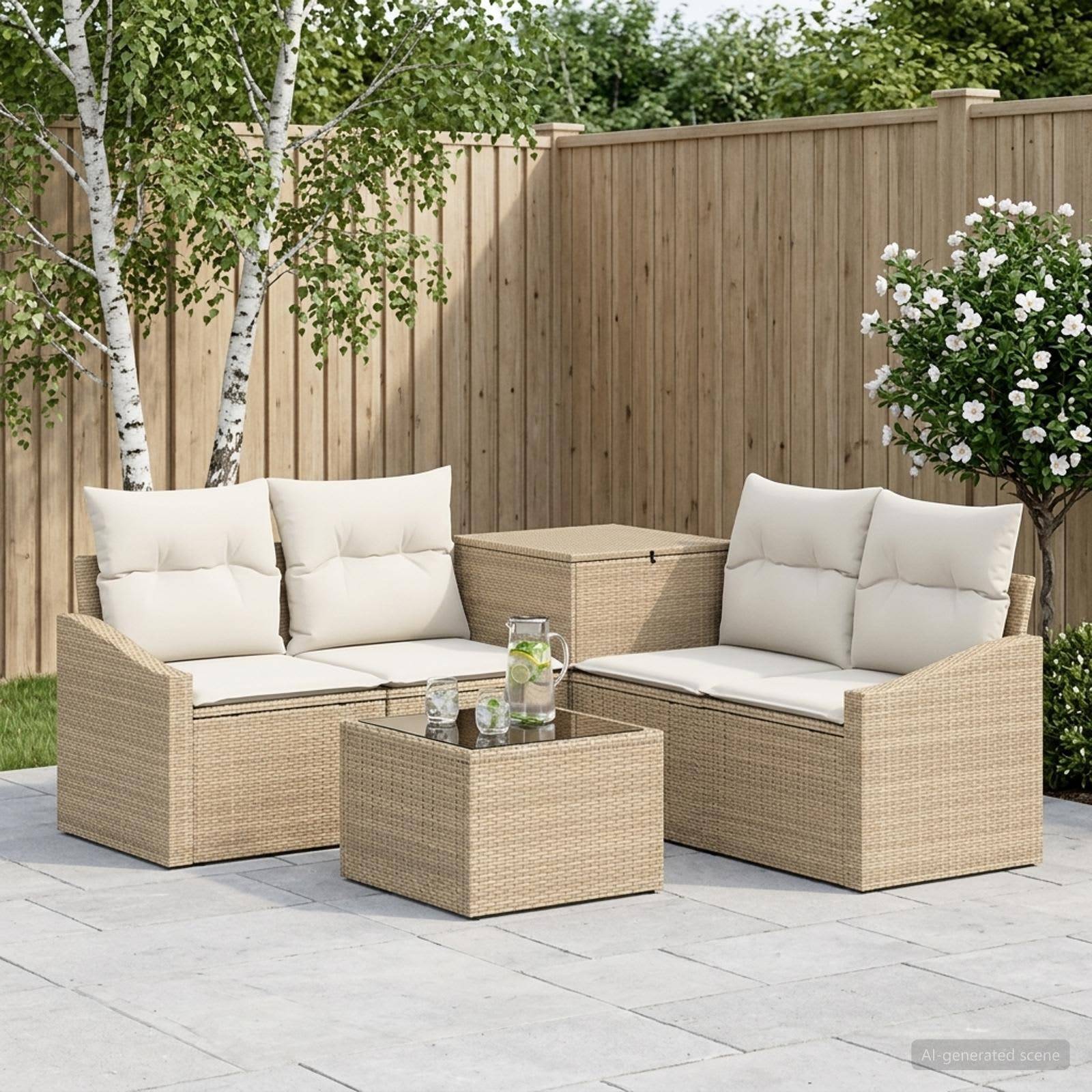Gartenmöbel-Set im Freien mit zwei beigen gepolsterten Sofas, Glastisch und passendem Stauraum-Pouf neben einem Holzzaun und Bäumen.