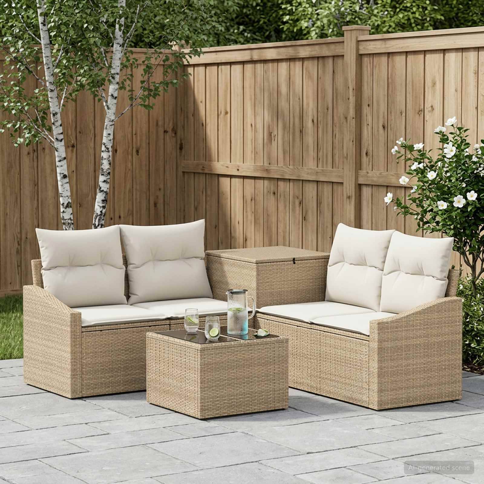 Outdoor-Terrassenmöbel-Set mit zwei gepolsterten Rattansofas, einem passenden Couchtisch und einer Aufbewahrungsbank auf einer Steinterrasse neben einem Holzzaun und Bäumen.