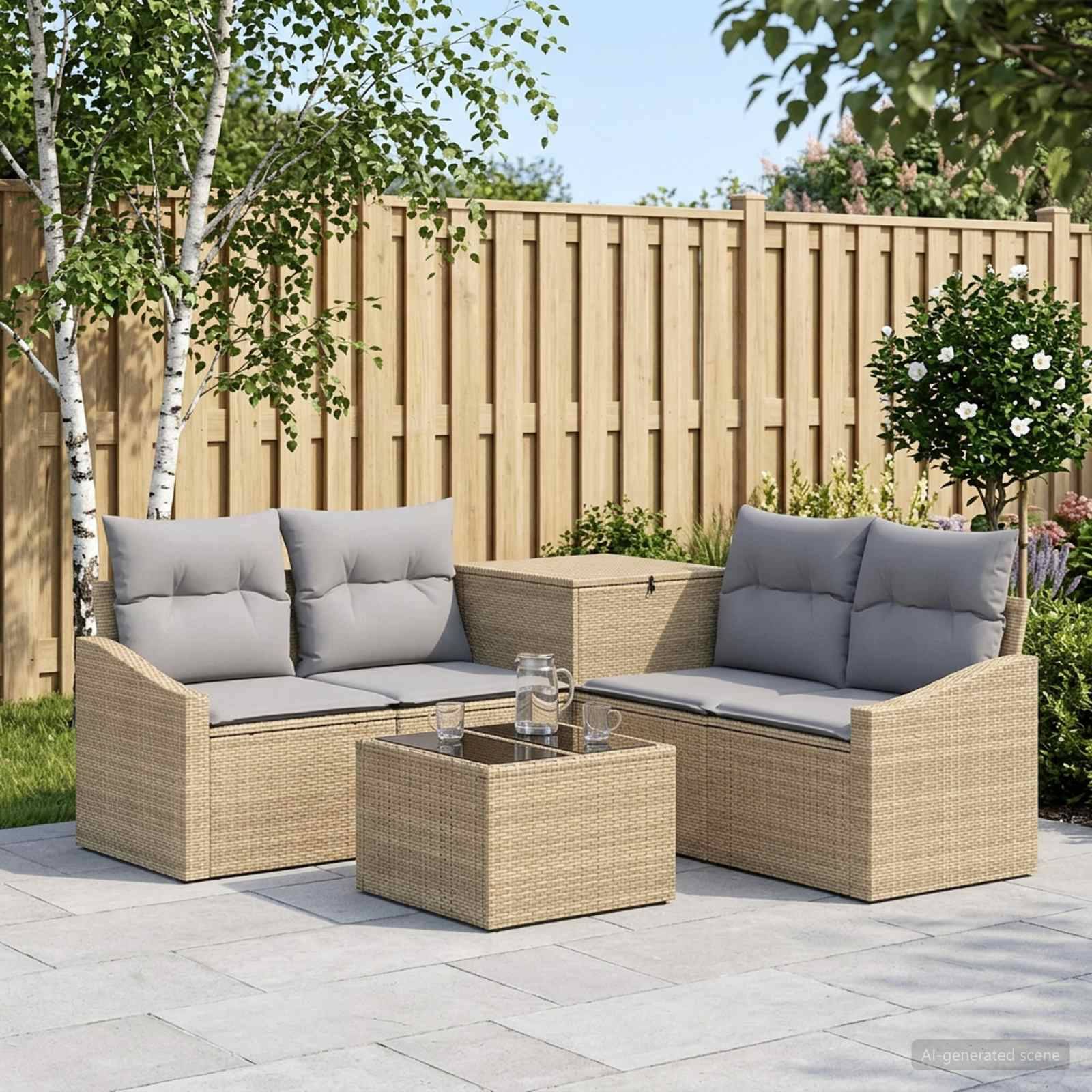 Gartenlounge-Set mit zwei geflochtenen Rattansofas, grauen Kissen und passendem Couchtisch auf einer gepflasterten Terrasse neben einem Holzzaun und Bäumen.