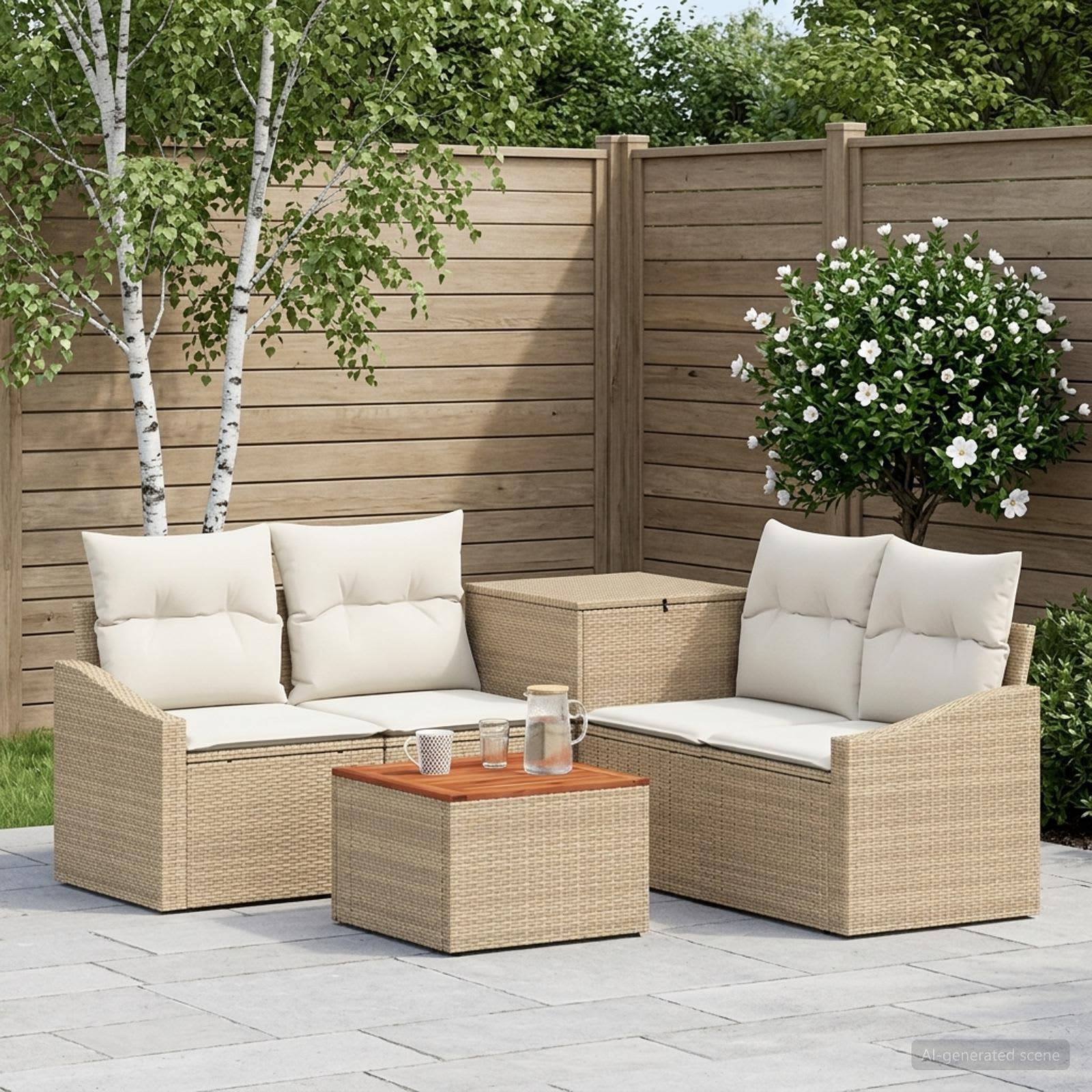 Outdoor-Sitzgarnitur auf der Terrasse mit zwei Korbsofas, Kissen, einem kleinen Tisch und Topfpflanzen vor einem Holzzaun.