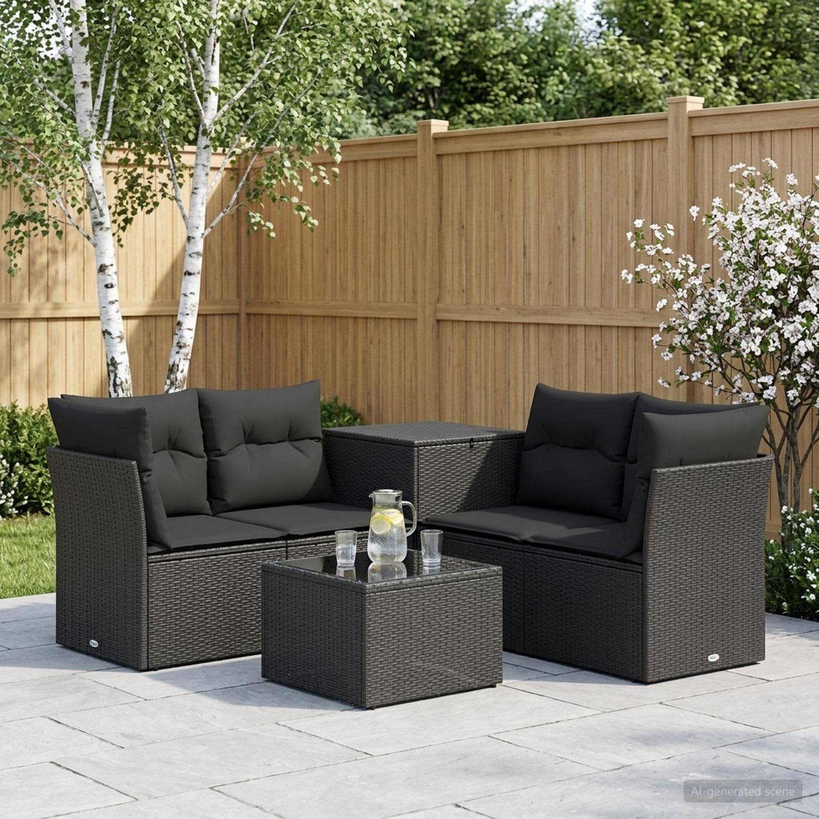 Outdoor-Terrassenmöbel-Set mit zwei schwarzen geflochtenen Zweisitzern, passendem Couchtisch und Beistelltisch auf einer Steinterrasse neben einem Holzzaun und Bäumen.