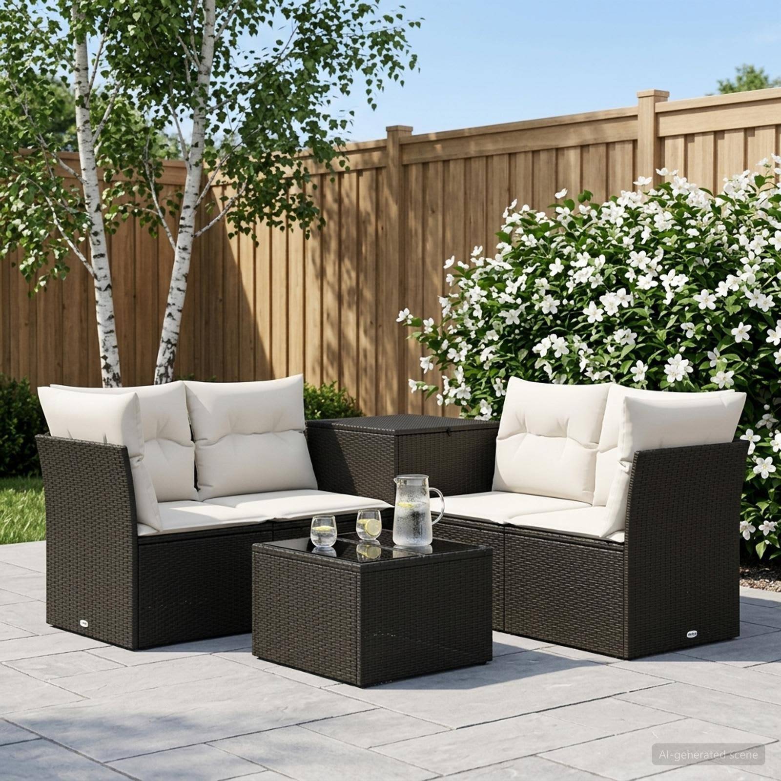 Gartenbestuhlung für die Terrasse mit zwei Korbsesseln, einem Beistelltisch und einem kleinen Couchtisch mit Getränken, in einem Garten vor einem Holzzaun und blühenden Sträuchern.
