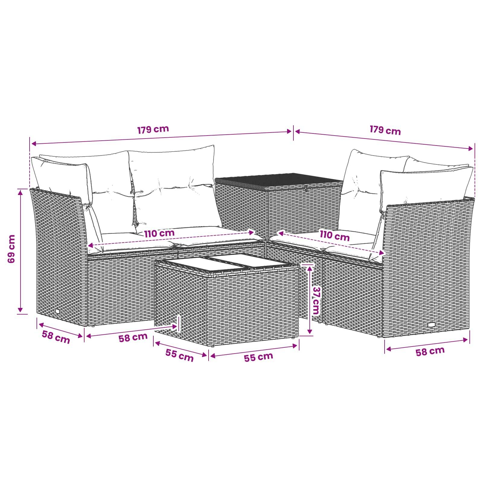 Diagramm eines modularen Outdoor-Sofasets mit zwei Sesseln, einem Eckentisch und einem passenden Couchtisch, mit Abmessungen in cm versehen.