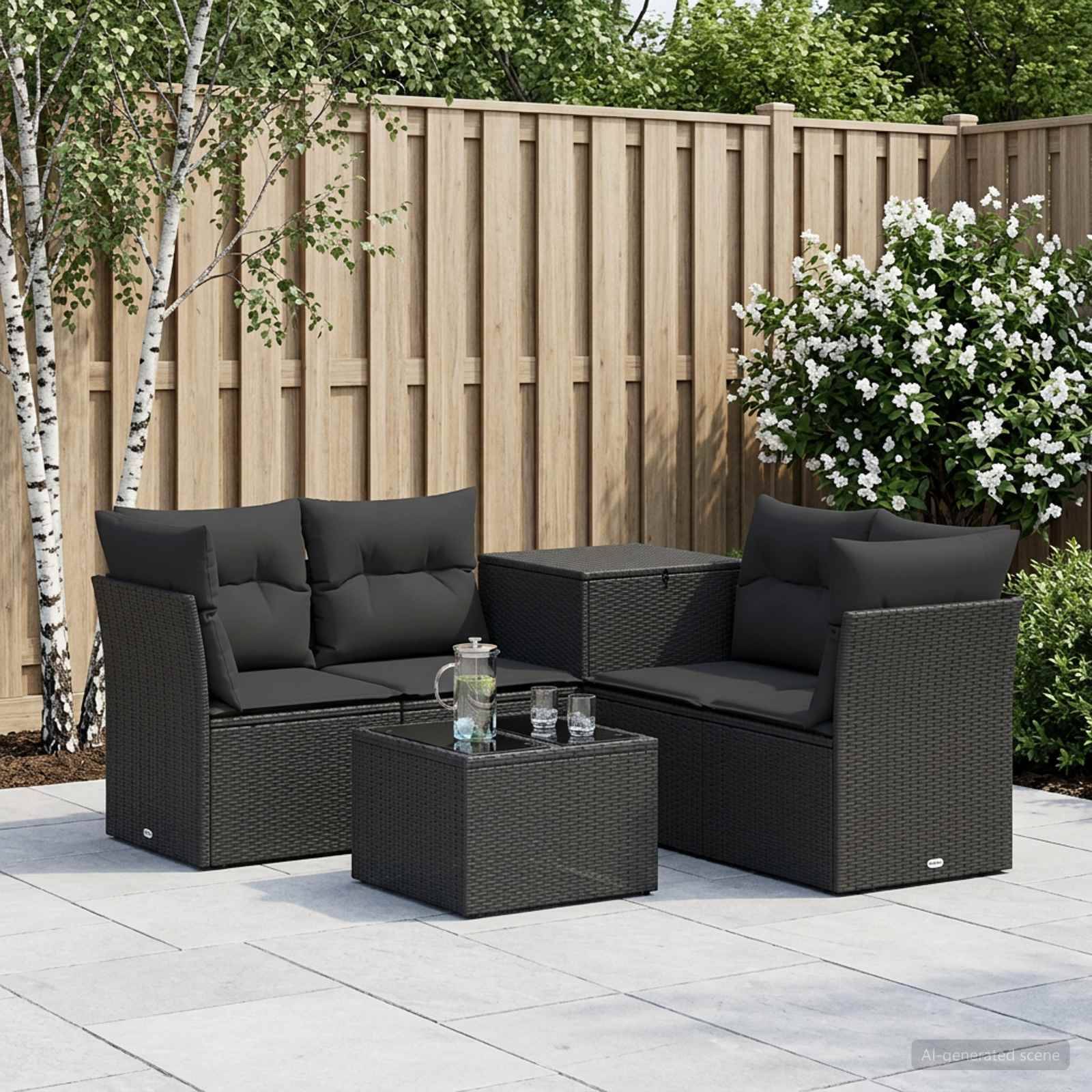 Gartenmöbel-Set für die Terrasse mit zwei schwarzen Korbliebessitzen, einem passenden Tisch und Kissen auf einer gefliesten Terrasse neben einem Holzzaun und Sträuchern.