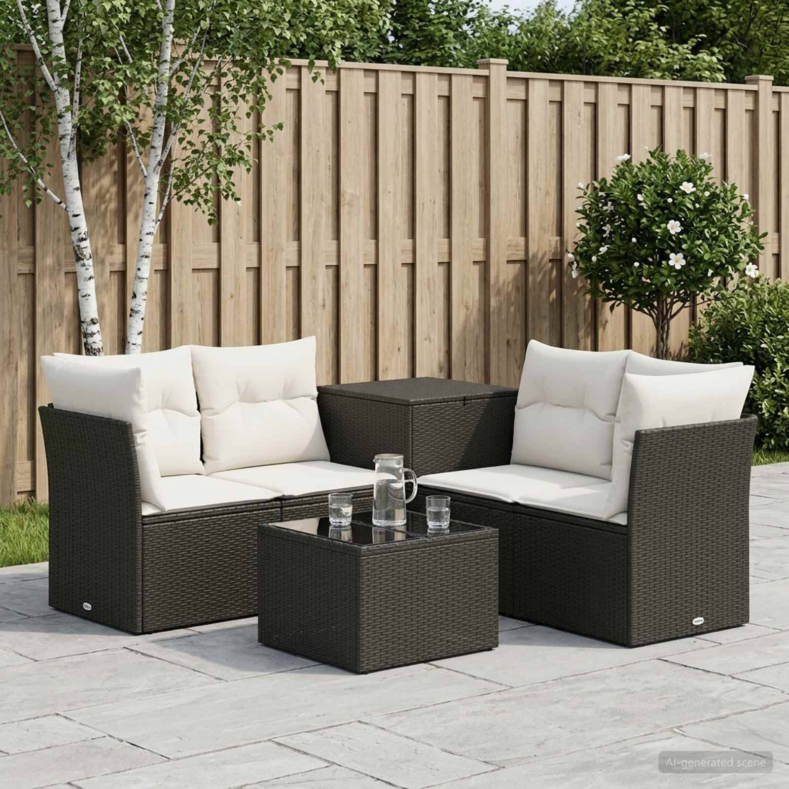 Gartenmöbelset für die Terrasse mit dunklen Rattanlehnstühlen, weißen Kissen, passendem Tisch und einem kleinen gläsernen Couchtisch auf einer Steinterrasse.