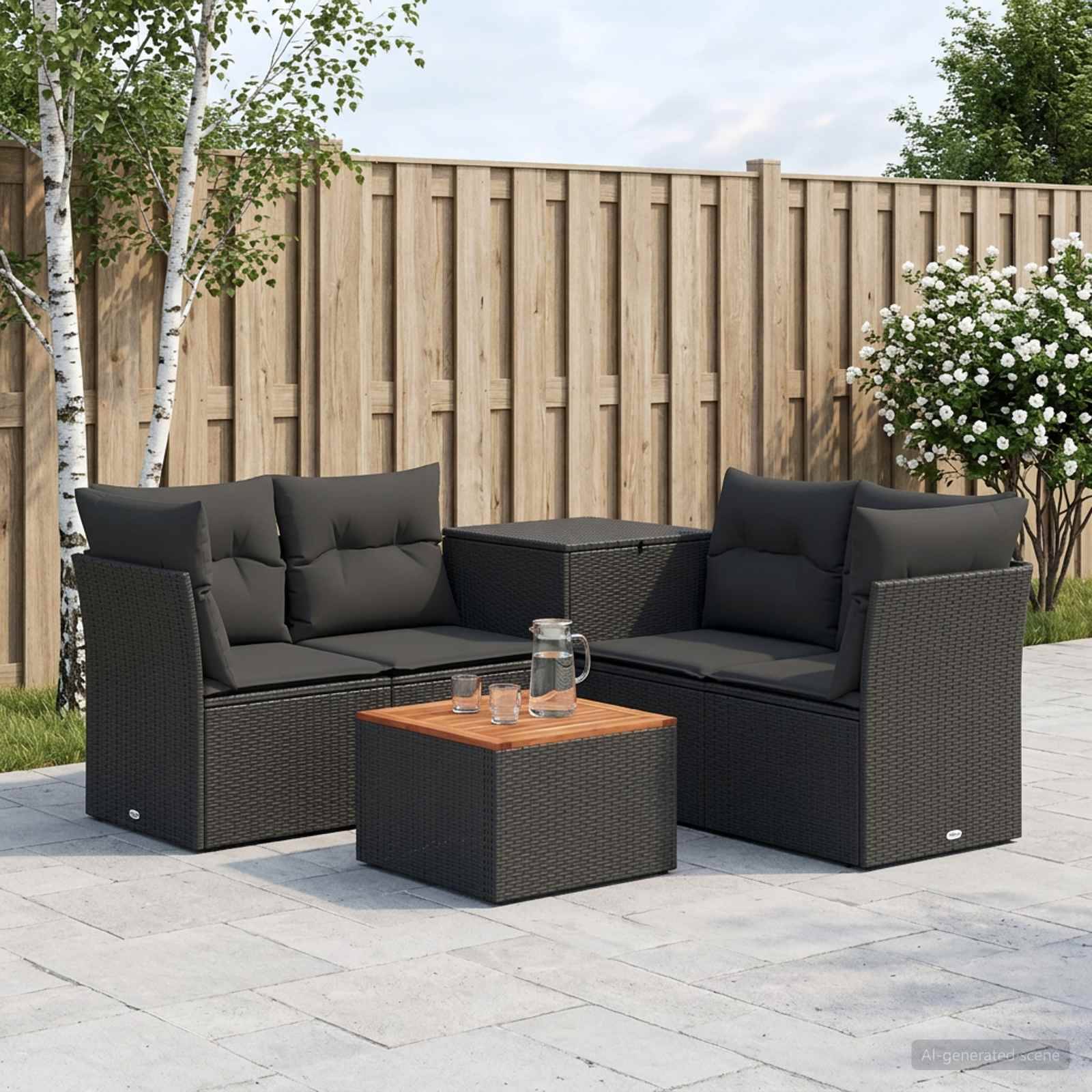 Outdoor-Terrassenmöbel-Set mit zwei schwarzen Rattanlehnsofa um einen kleinen Tisch und einer Aufbewahrungspouf, aufgestellt auf einer gekachelten Terrasse neben einem Holzzaun und blühenden Sträuchern.