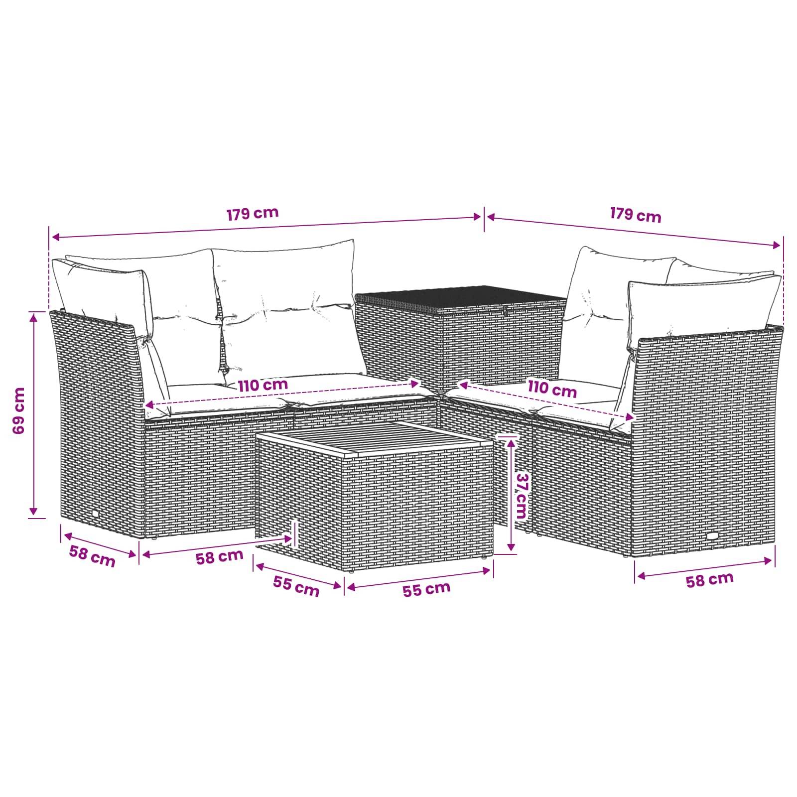 Dimensioniertes Diagramm einer Korbmöbel-Gartengarnitur: zwei Stühle, ein Eckentisch und ein kleiner Couchtisch, mit in cm gekennzeichneten Abmessungen.