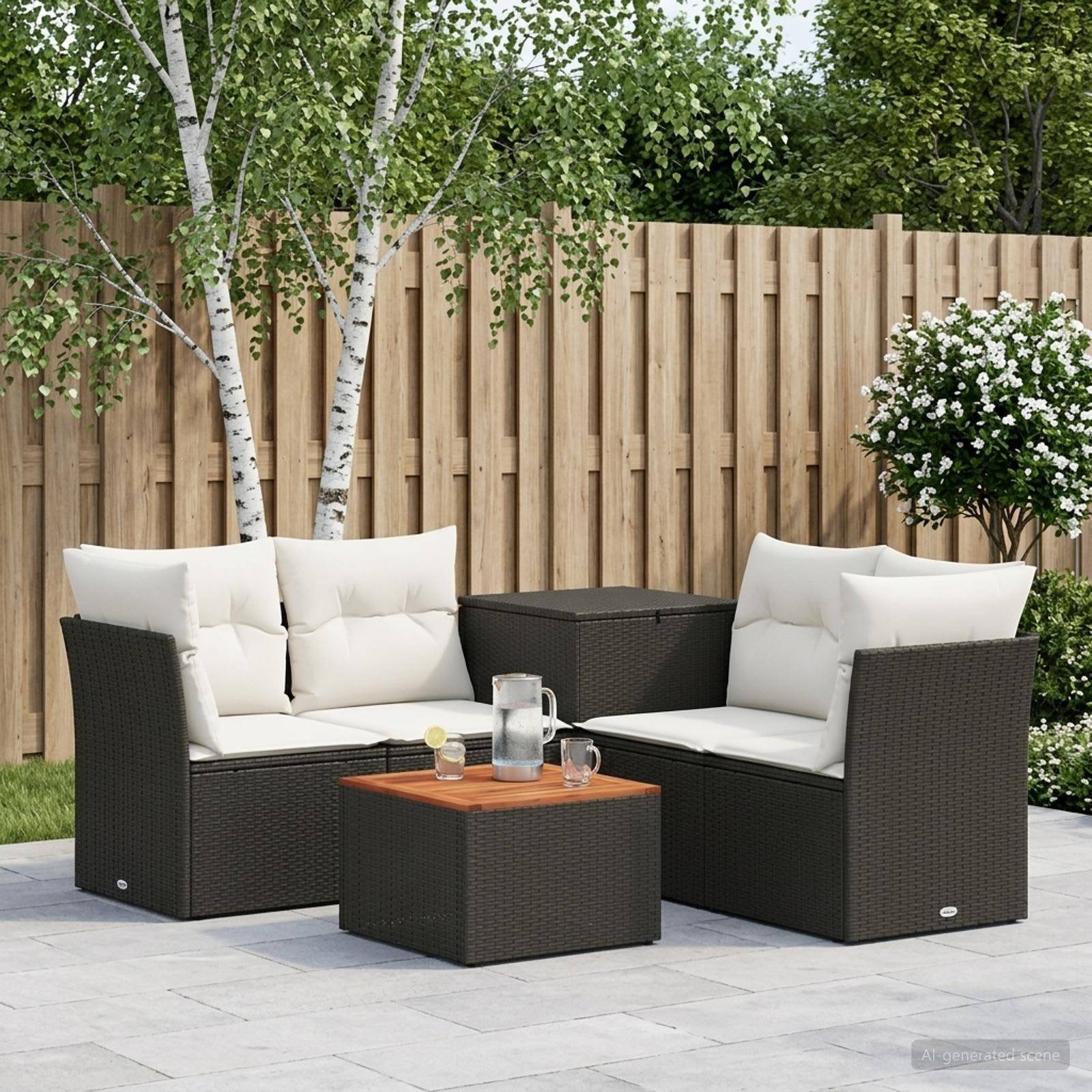 Gartenbereich mit Sitzmöbeln aus zwei dunkelbraunen Rattanlehnstühlen, weißen Kissen und einem passenden Couchtisch auf einer Steinterrasse neben einem Holzzaun und Bäumen.