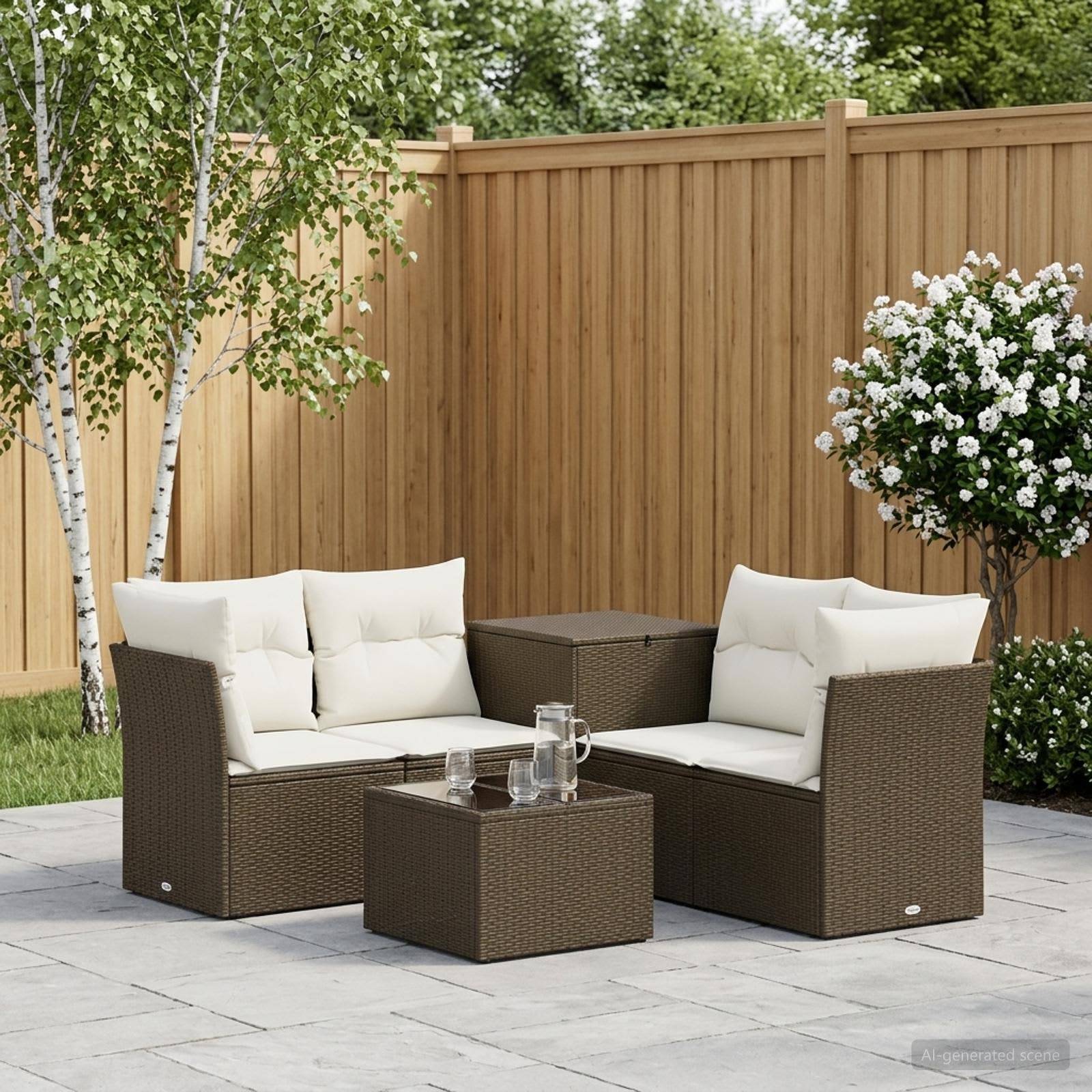 Gartenmöbel-Set im Freien mit zwei braunen Korbliebessesseln, einem passenden Couchtisch und weißen Kissen auf einer Steinterrasse neben einem Holzzaun und einem blühenden Strauch.