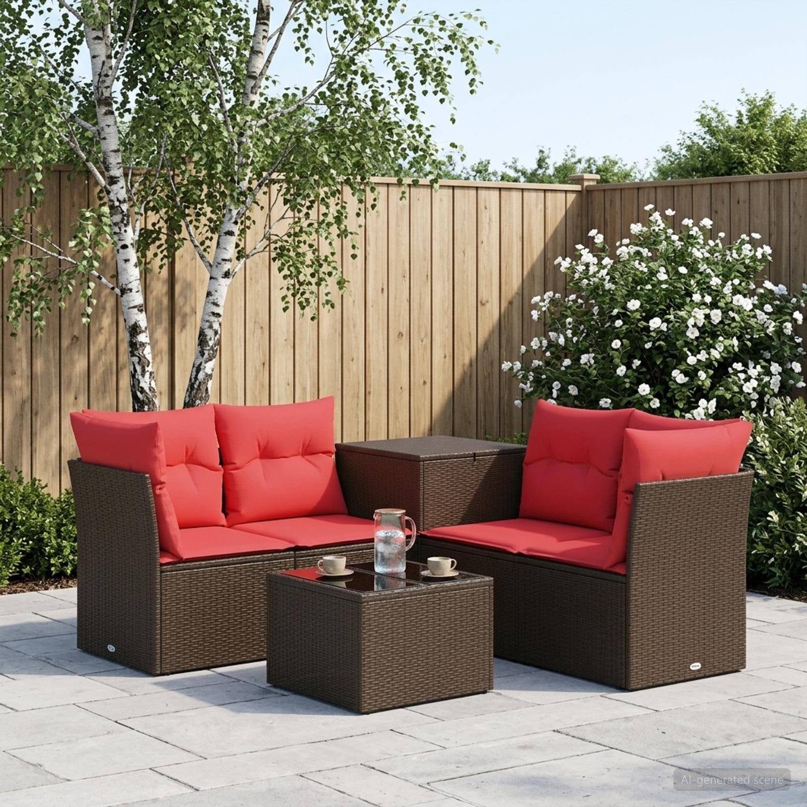 Outdoor-Sitzmöbel-Set auf der Terrasse mit zwei rotgepolsterten Korbstühlen, passendem Tisch und Blumen neben einem Holzzaun und einer Birke.
