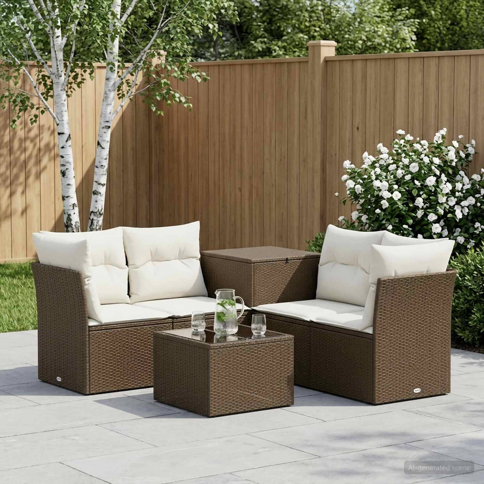 Gartenmöbel-Set für die Terrasse mit zwei braunen Korbsesseln, Kissen und einem passenden Tisch auf einer Steinterrasse in einem Garten.