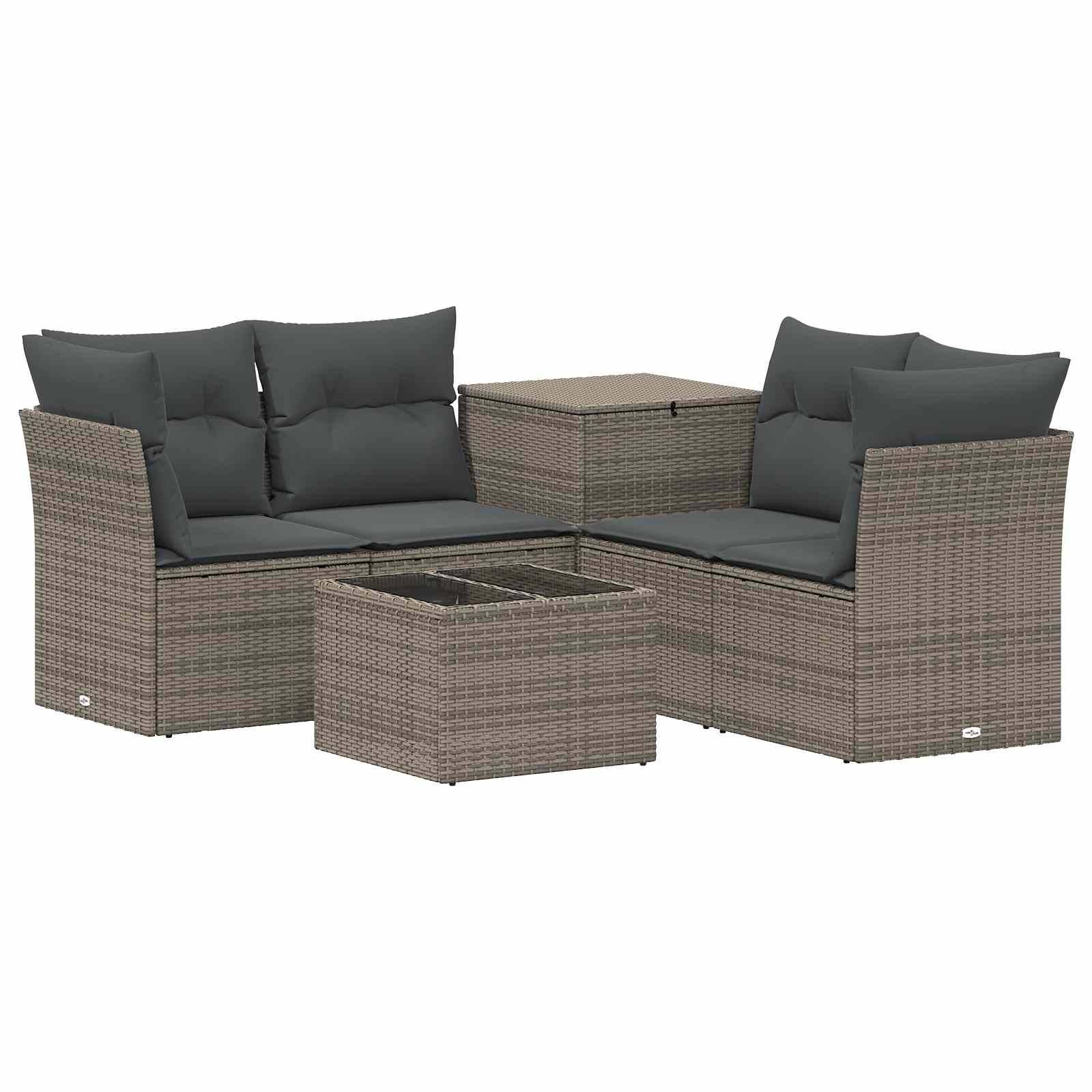 Outdoor-Rattanmöbel-Gesprächsgarnitur mit zwei gepolsterten Zweisitzern, zwei quadratischen Beistelltischen und einem passenden Couchtisch.