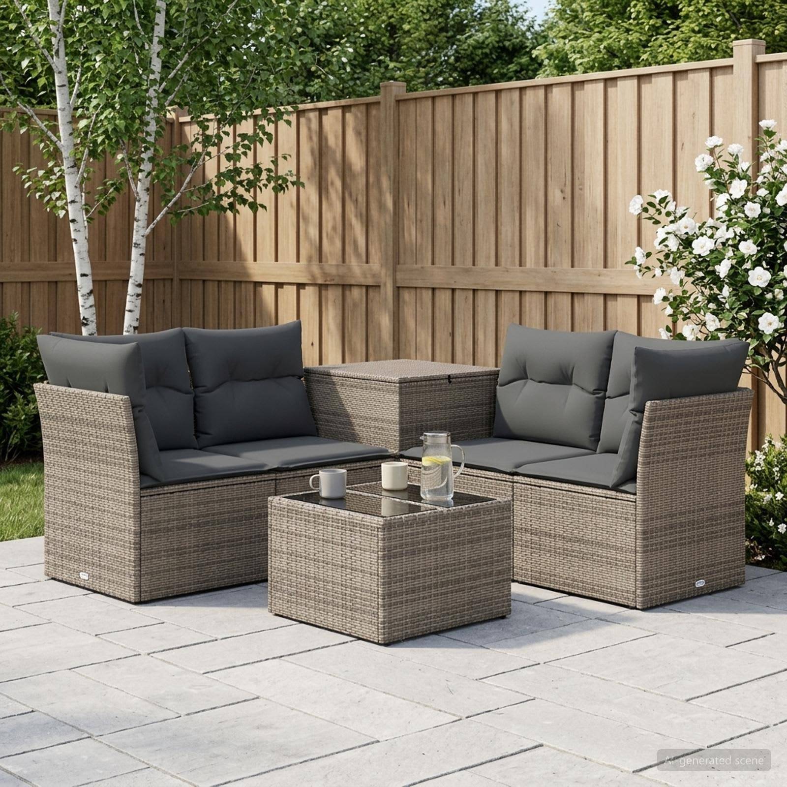 Sitzgruppe für die Außenterrasse mit zwei Korbliebessitzen, quadratischem Couchtisch und grauen Kissen auf einer gepflasterten Terrasse neben einem Holzzaun und Blumen.