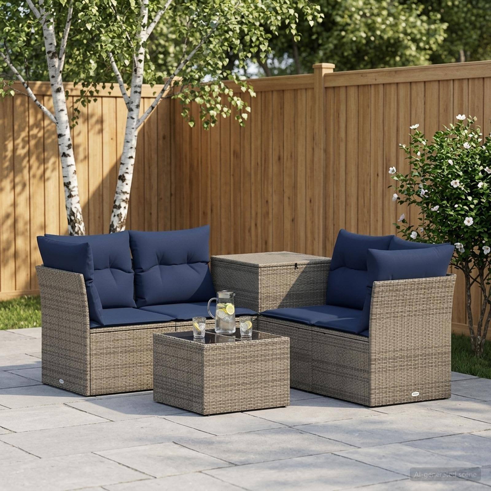 Gartenterrassengarnitur mit zwei Korbsessel, einem passenden Tisch und blauen Kissen, angeordnet neben einem Holzzaun und Bäumen.