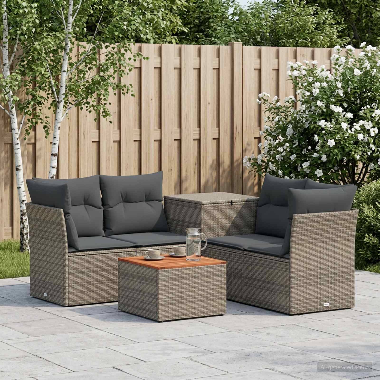 Outdoor-Sitzgarnitur mit zwei Korbsofas, einem passenden Stauraum-Tisch und einem kleinen Couchtisch auf einer gepflasterten Terrasse neben einem Holzzaun und Sträuchern.
