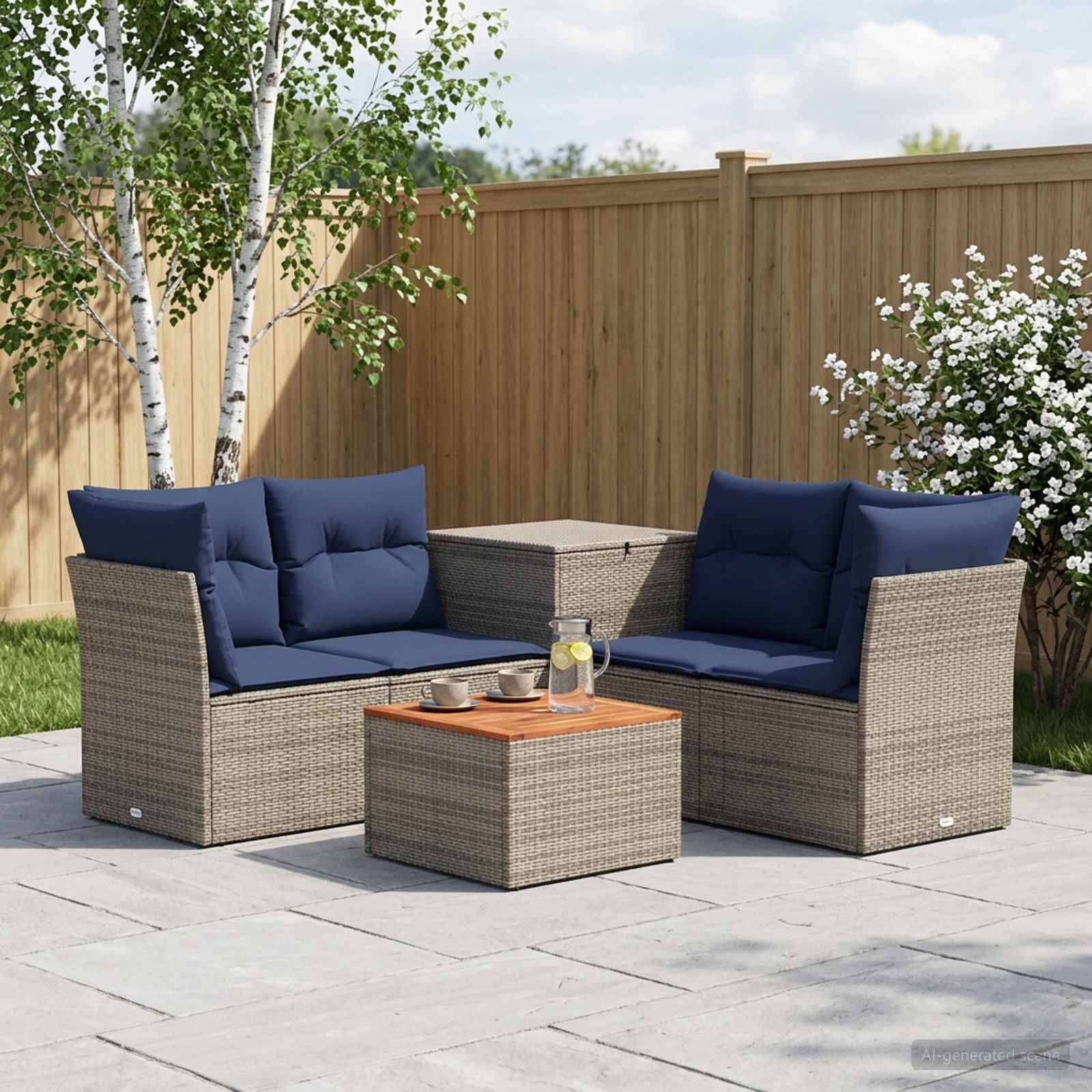 Außenbereich-Sitzmöbelset mit zwei Korbsofas, marineblauen Kissen und passenden Couchtischen auf einer Steinterrasse neben einem Holzzaun und einer Birke.