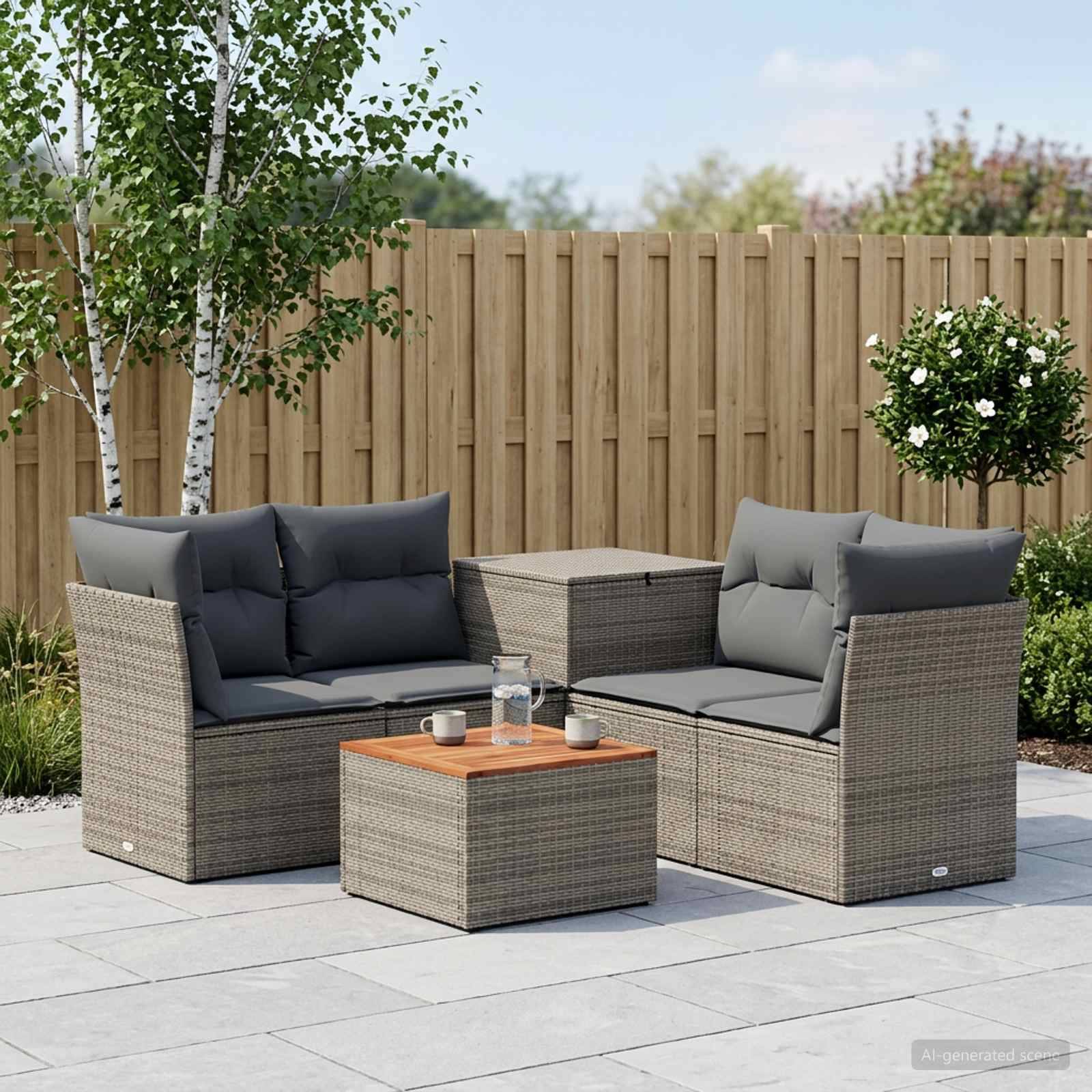 Gartenmöbel-Set für die Terrasse mit zwei grauen Rattanliebessitzen, einem passenden Couchtisch und einem kleinen Beistelltisch auf einer gepflasterten Terrasse neben einem Holzzaun und Sträuchern.