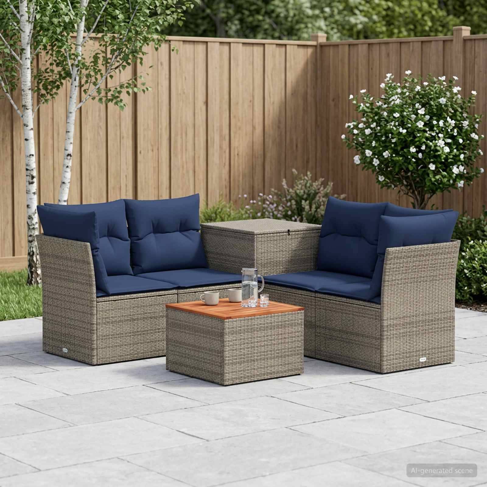 Outdoor-Sitzmöbel-Set mit zwei grauen Rattankissen-Liebessitzen, blauen Polstern und einem kleinen passenden Tisch auf einer Steinterrasse in einem eingezäunten Hinterhof.