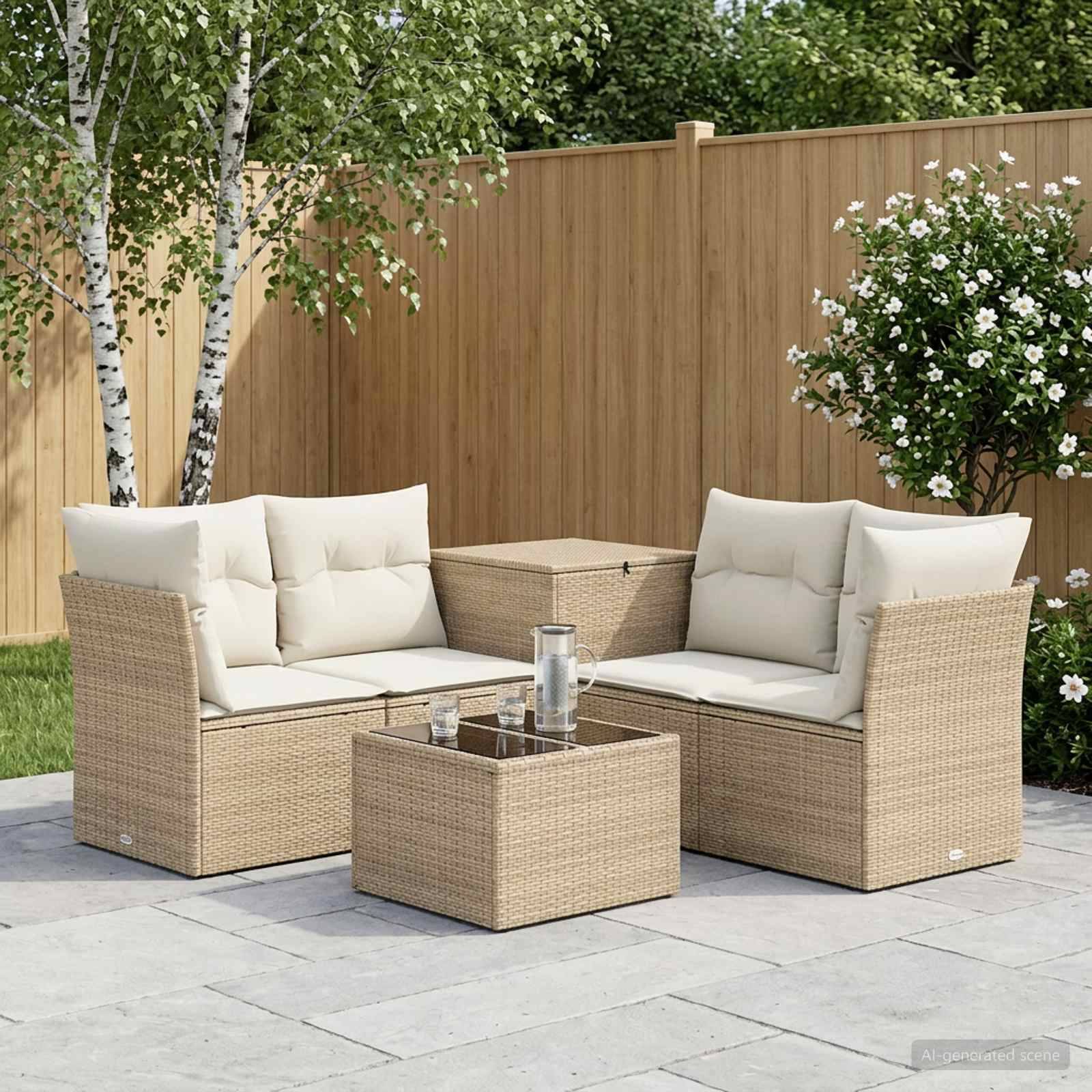 Sitzmöbel-Set für die Außenterrasse mit zwei Korbsofas, einem passenden quadratischen Tisch und beigen Kissen in einem eingezäunten Garten.